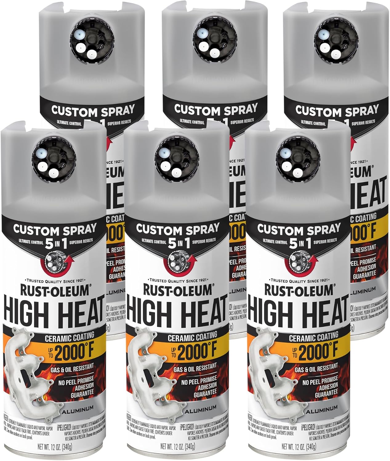 Rust-Oleum High Heat 5-in-1 Spray Paint, Flat Aluminum | 5 Spray Patterns | Heat Resistant to 2000 F | Ceramic Formula | Gas & Oil Resistant | Stops Rust Formula | 6 Pack