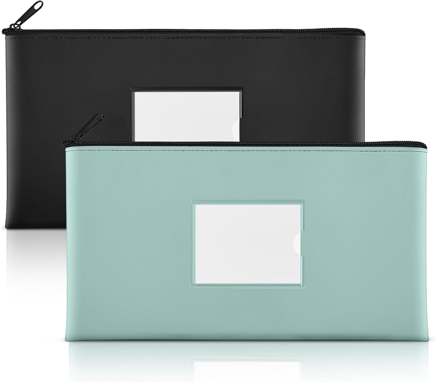 SMARTAKE 2-Pack Bank Deposit Money Bags with Zipper, PU Leather Bags Cash Wallet Pouches with Label, for Coins, Cosmetics, Invoice, Bills, Tools, 11.5 x 6.2 Inches, Aqua Blue & Black