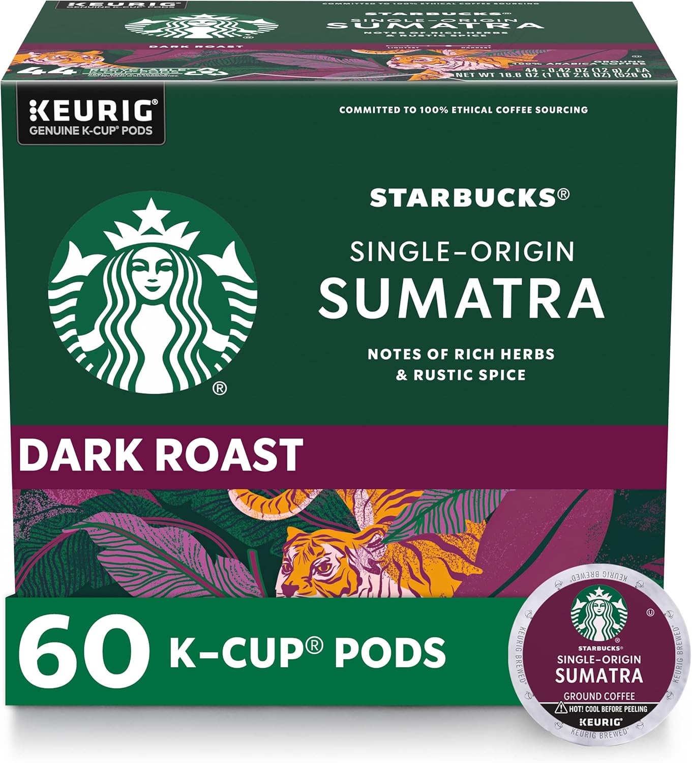 Starbucks K-Cup Coffee Pods, Dark Roast Coffee, Sumatra for Keurig Brewers, 100% Arabica, 6 boxes (60 pods total)
