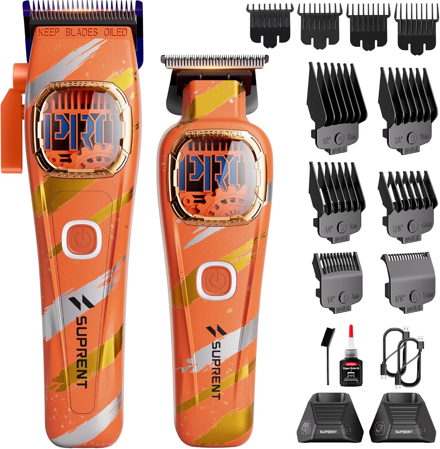 SUPRENT Professional Hair Clippers for Men - Cordless Barber Clippers & Zero-gapped Trimmer Set, Haircutting Kit with 10000 RPM Motor Speed, Blue Titanium-Coated Blades, Charging Stands (Orange)