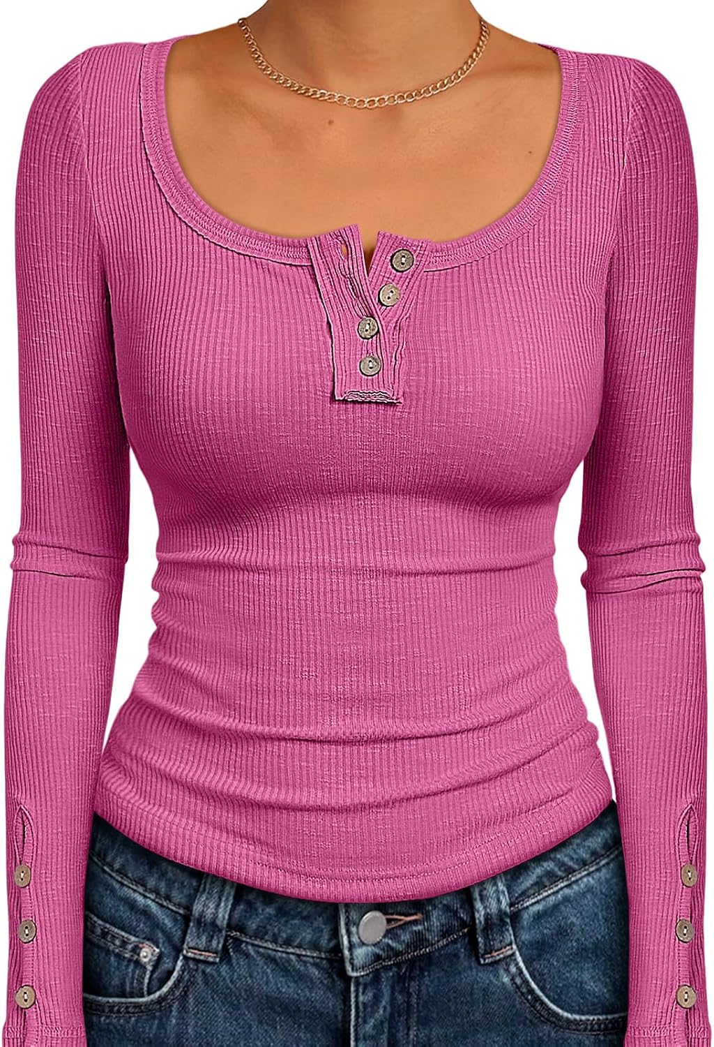 Kissfix Womens V Neck Long Sleeve Fitted T-Shirt Basic Tee Tops