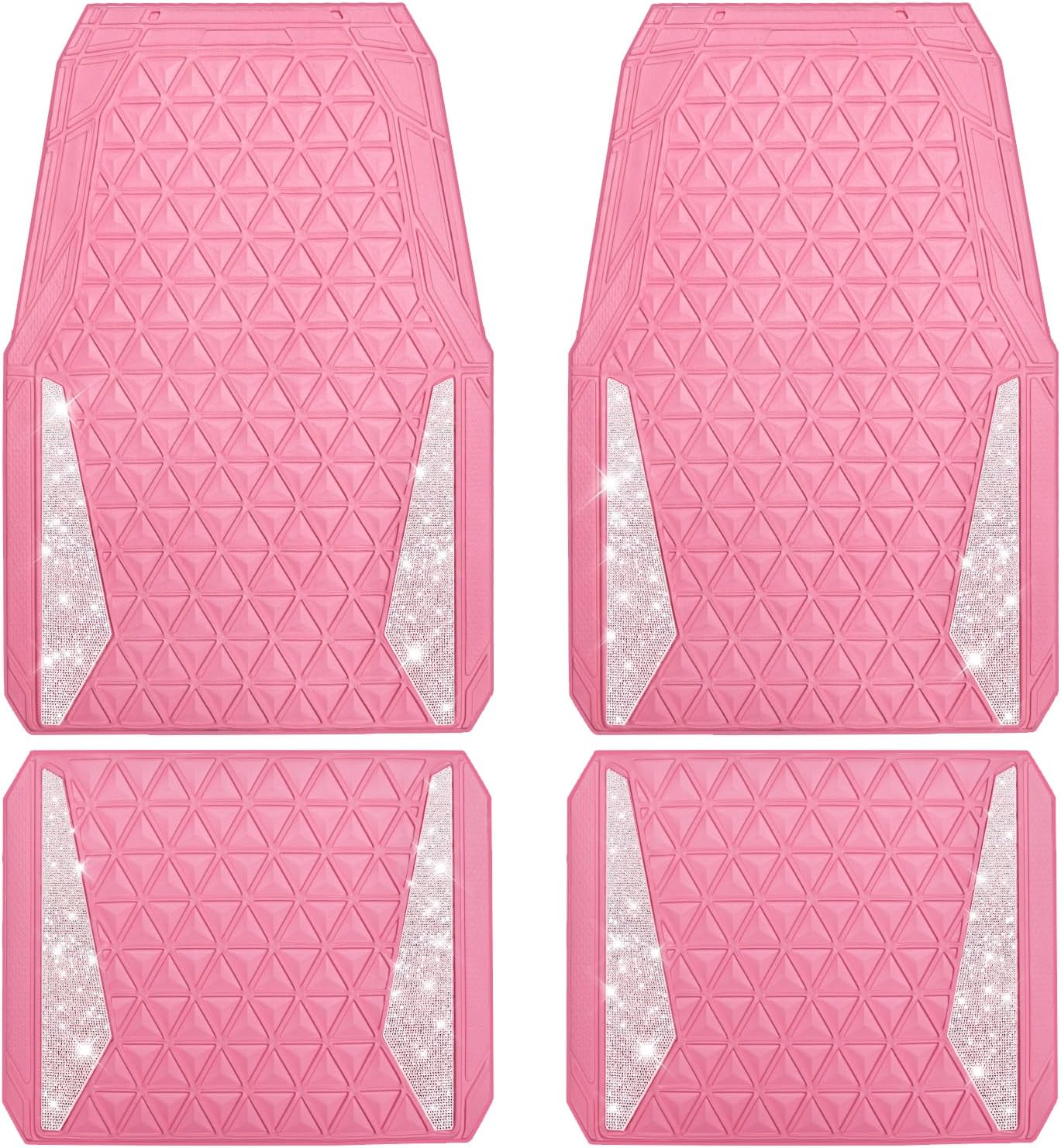 CAR PASS Bling Diamond Car Mats Rubber Floor Mats Full Set Anti-Slip 3D Rhombus Waterproof Trim to Fit Liner Universal Glitter Crystal Sparkly Shining Rhinestone Girl Women SUV Sedan Van, Pink Rubber
