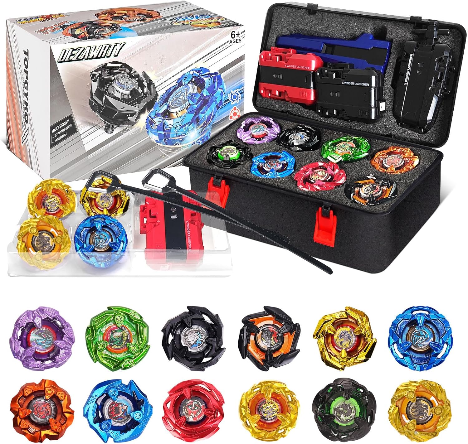 X Battling Set, 12 Spinning Tops, 3 Launchers and 1 Grip with Storage Box, Kids Toys Birthday Gift Ideal for 6+ Years Old Boys