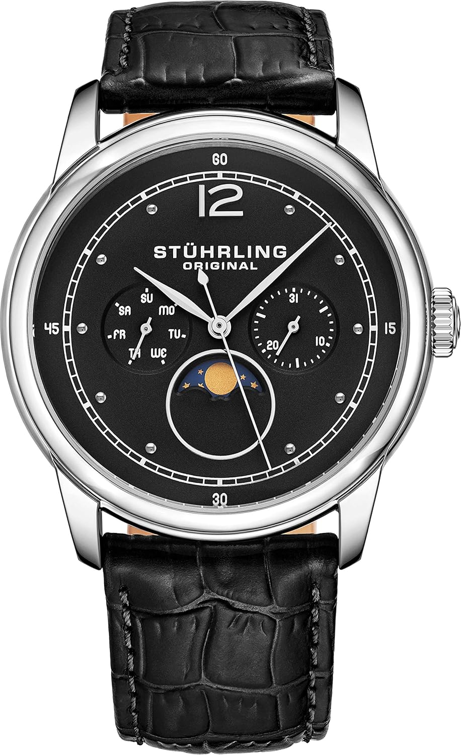 Stuhrling Original Mens MoonPhase Dress Watch - Stainless Steel Case and Leather Band - Analog Dial with Day of The Week and Date Celestia Mens Watches Collection