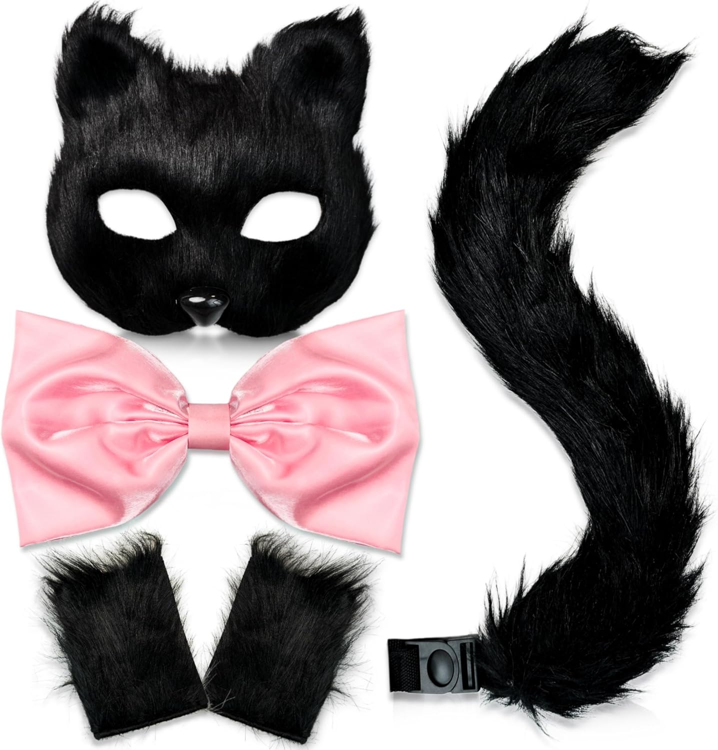 Cat Costume for Women - Therian Furry Mask, Bow, Paw Gloves, Long Tail - Fox Outfit Set for Halloween