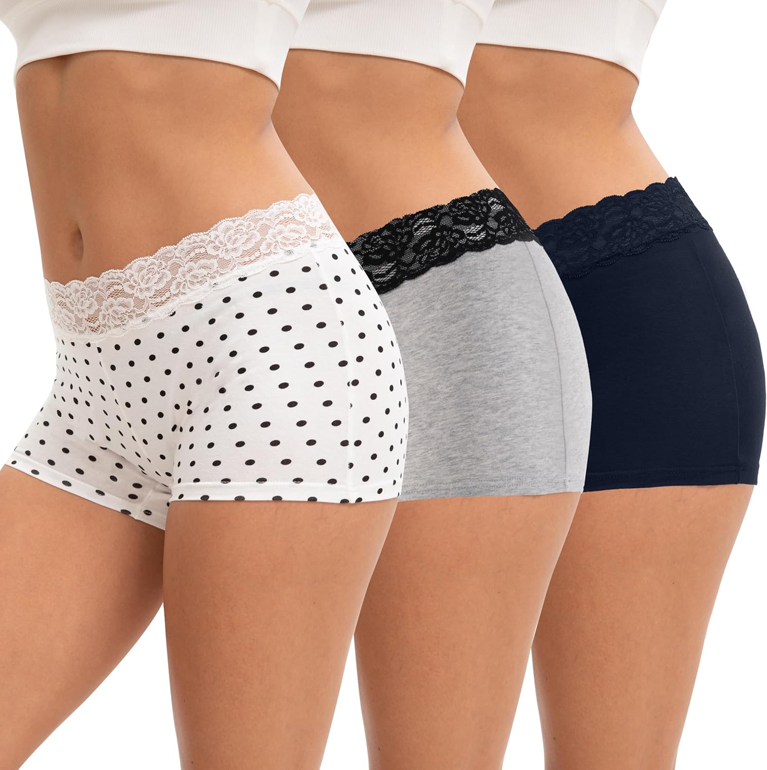 INNERSY Boxer Shorts Women Cotton Ladies Boxers Underwear Mid-rise Lace Boyshort Panties Pack of 3