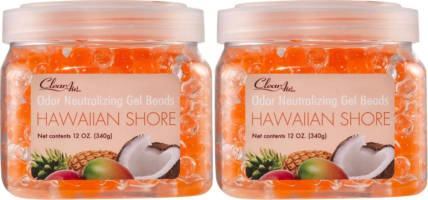 Clear Air Odor Eliminator Gel Beads - 12 oz, Pack of 2 - Air Freshener Made with Essential Oils - Eliminates Odors in Bathrooms, Cars, Boats, RVs & Pet Areas - Hawaiian Shore Scent