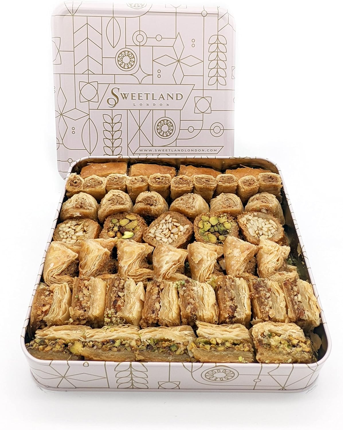 Sweet Land Baklava Selection - 1 kg | Selection Tray with Pistachio, Almond & Cashew Nuts | Handmade Traditional Lebanese Baklava | Great for Ramadan, Mother's Day, Easter, & Eid | Tin Gift Box