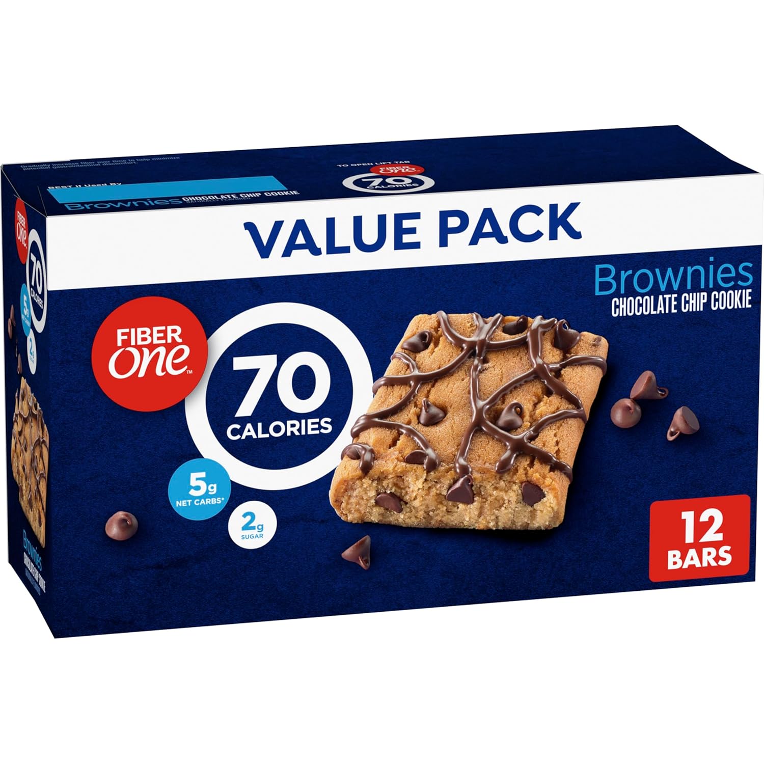 Fiber One 70 Calorie Brownies, Chocolate Chip Cookie Snack Bars, 2g Sugar, Value Pack, 12 Ct, 10.6 oz