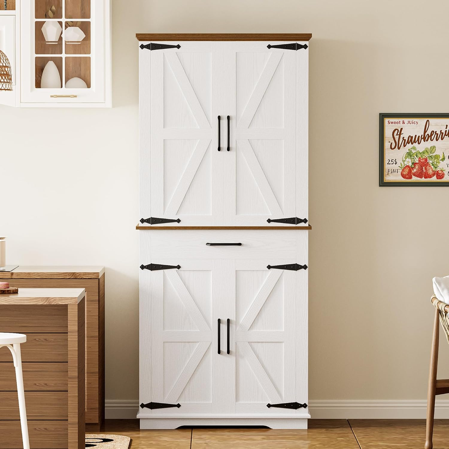 IRONCK Farmhouse Kitchen Pantry Cabinet, Tall Storage Cabinet with 6 Hanging Shelves and Adjustable Shelves, Freestanding Cupboard with Barn Doors for Kitchen, Dining Room， White/Walnut