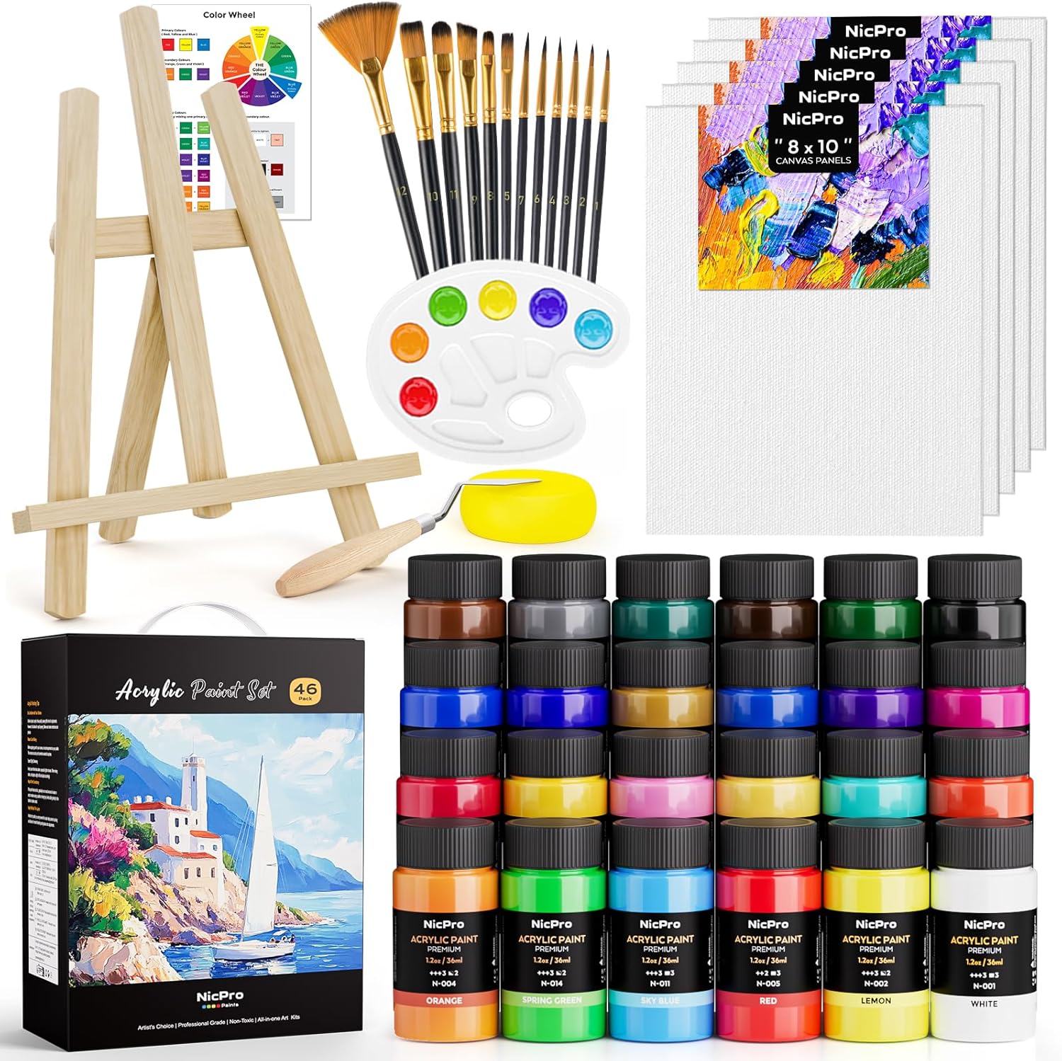 Nicpro Acrylic Paint Canvas Set for Adults, 46PCS Art Painting Supplies Kit for Adults with 24 Paints(36ML), Table Wood Easel, 5 Canvas Panels, 12 Brushes, Paper Pad, Palette for Kids Artist Beginner