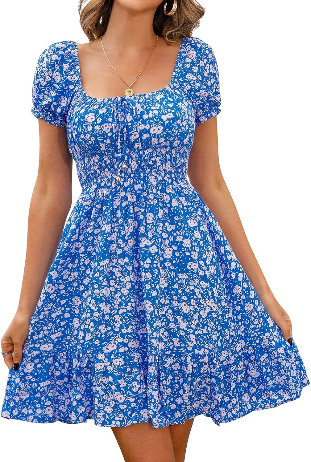Livonmone Womens Summer Casual Sweetheart Neckline Puff Sleeve Floral Print High Waist Dress Boho Beach Mini Short Dresses
