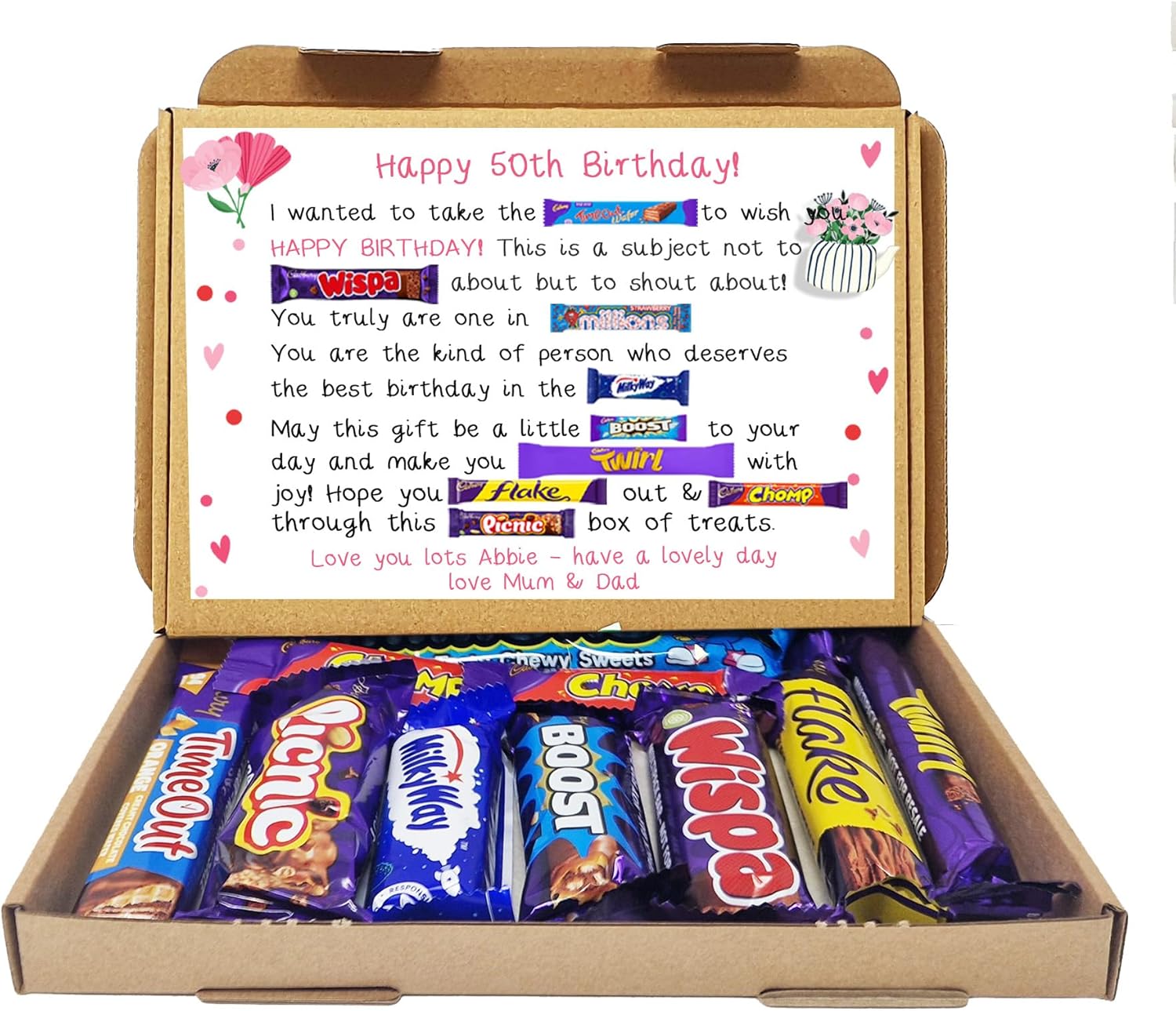 Personalised Birthday Gift 21st 18th 30th 40th Poem Chocolate Treats Box Hamper Sweet Present Gift for all ages Him/Her - Pink 50th