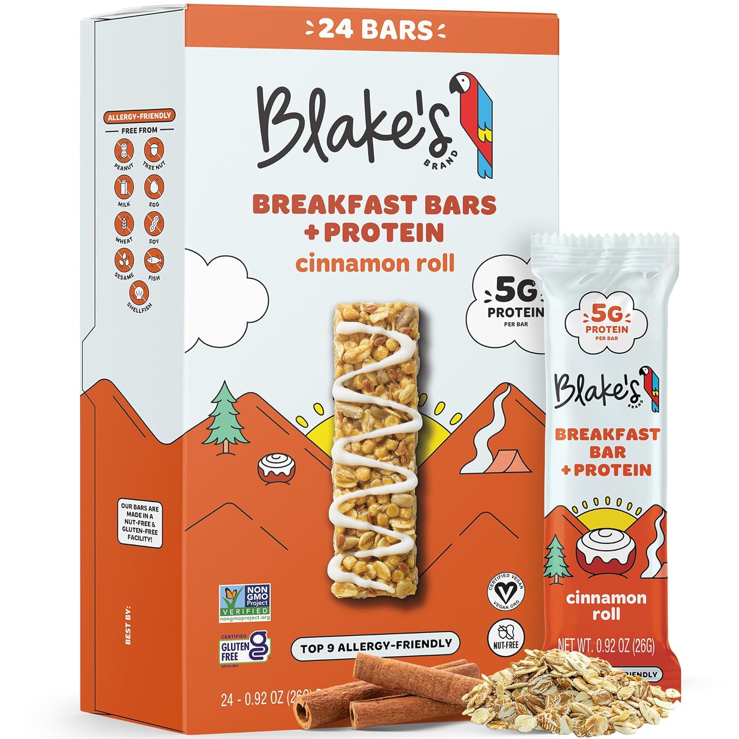 Blake's Seed Based Breakfast Bars with Protein — Cinnamon Roll (24 Count), 5g Clean Plant-Based Protein, Gluten Free, Nut Free, Dairy Free & Vegan, Healthy Snacks for Kids or Adults, School Safe
