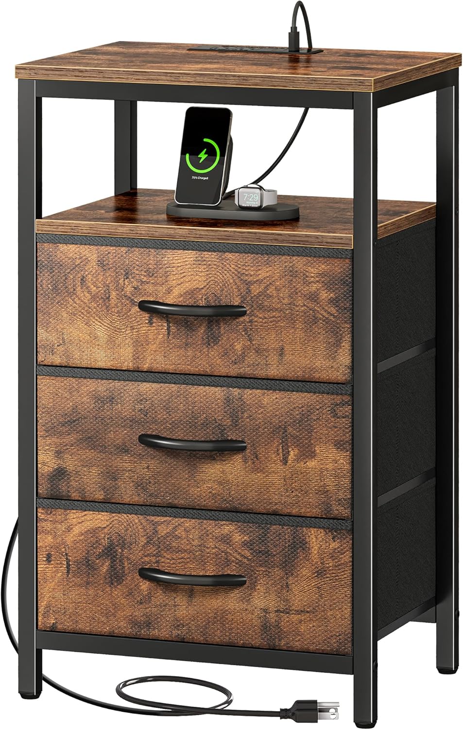 Huuger Nightstand with Charging Station, 27.6 Inch Bedside Table with Fabric Drawers, End Table Side Table with USB Ports and Outlets, Night Stand for Bedroom, Rustic Brown