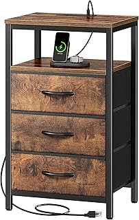 Huuger Nightstand with Charging Station, 27.6 Inch Bedside Table with Fabric Drawers, End Table Side Table with USB Ports and Outlets, Night Stand for Bedroom, Rustic Brown