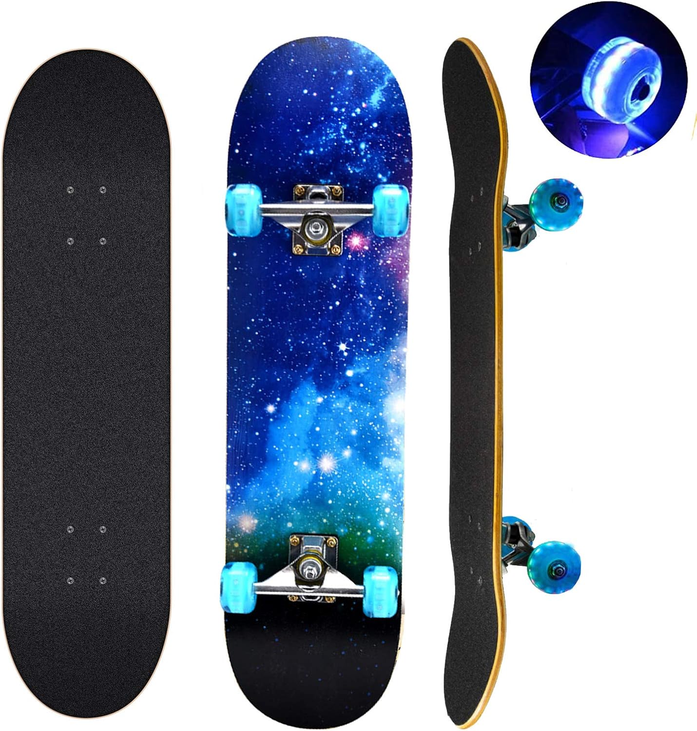 Skateboards with Colorful Flashing Wheels for Beginners,Kids,Teens,Adults, Complete Standard Skate Boards 7 Layer Maple Deck Concave Skateboard