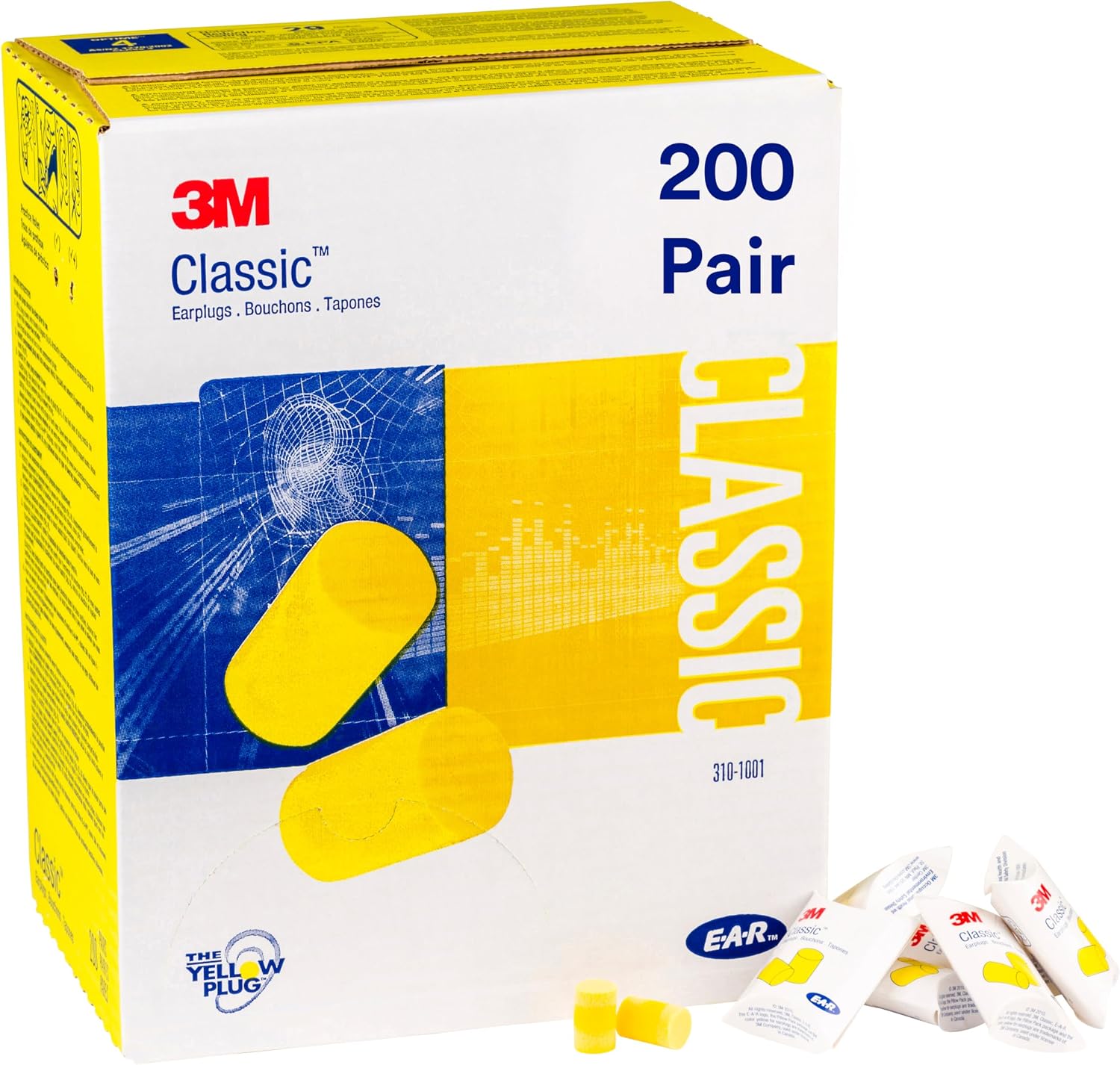 3M Ear Plugs, E-A-R Classic 310-1001, Uncorded, Disposable, Foam, NRR 29 | 200 Pairs/Box, 1 Pair/Pillow Pack, Foam, Regular Size, Roll Down, Yellow