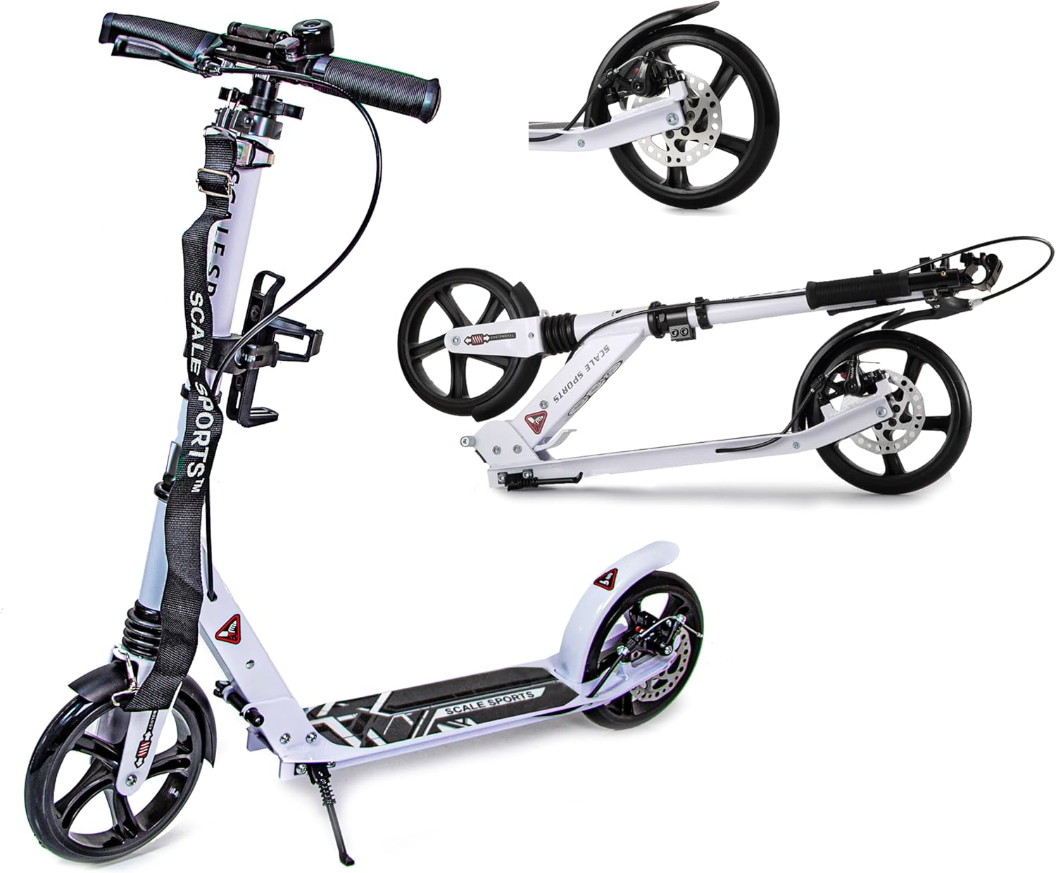 Scale Sports - Folding Kick Scooter for Adults up 100kg, Teens and Kids 7+ with Wing and Disc Handbrakes, Lightweight Kick Scooter with Carry Strap