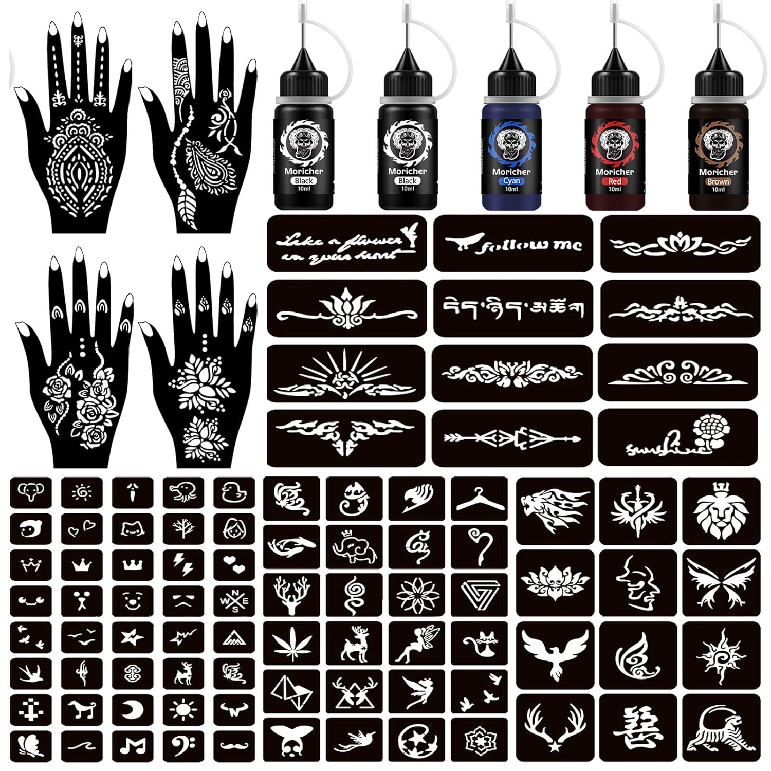 Moricher Temporary Tattoo Kits Henna kit 5 Inks 96 Stencils Cosmetic Grade for Women Men Kids DIY Art Painting Party Gifts