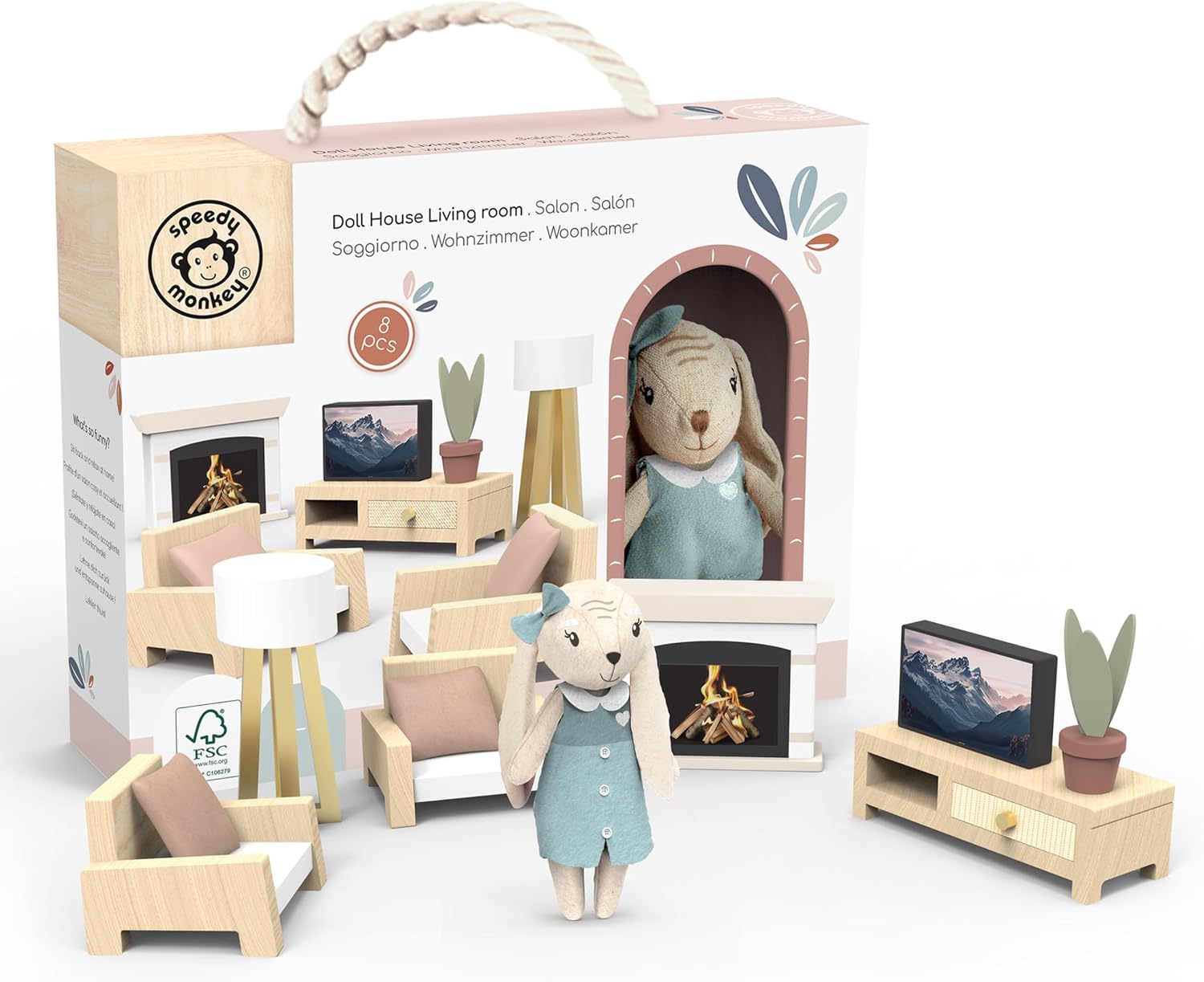 Speedy Monkey Cozy Dollhouse Living Room Playset with Bunny – Miniature FSC Wooden Furniture Sofa, TV – Pretend Play Fully Furnished Farmhouse Accessories for Kid, Toddler, Girl – Doll House Decor Toy