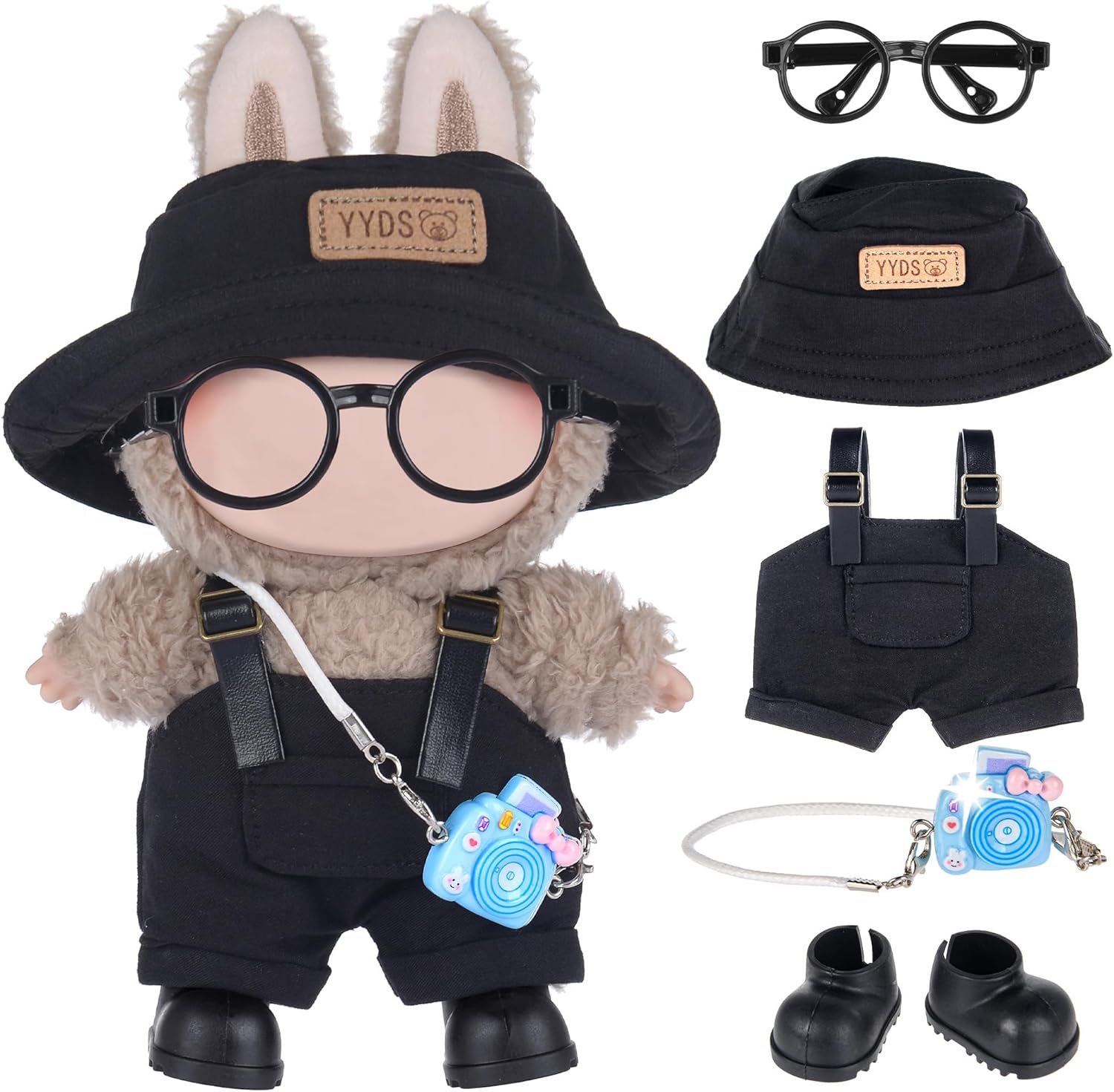iBayda 17cm Fashion Doll Clothes & Accessories Set Include: Hat, Overall, Shoes, Glasses and Bag- Cute Clothes for Dress up Unique Style (Doll Not Included), Black