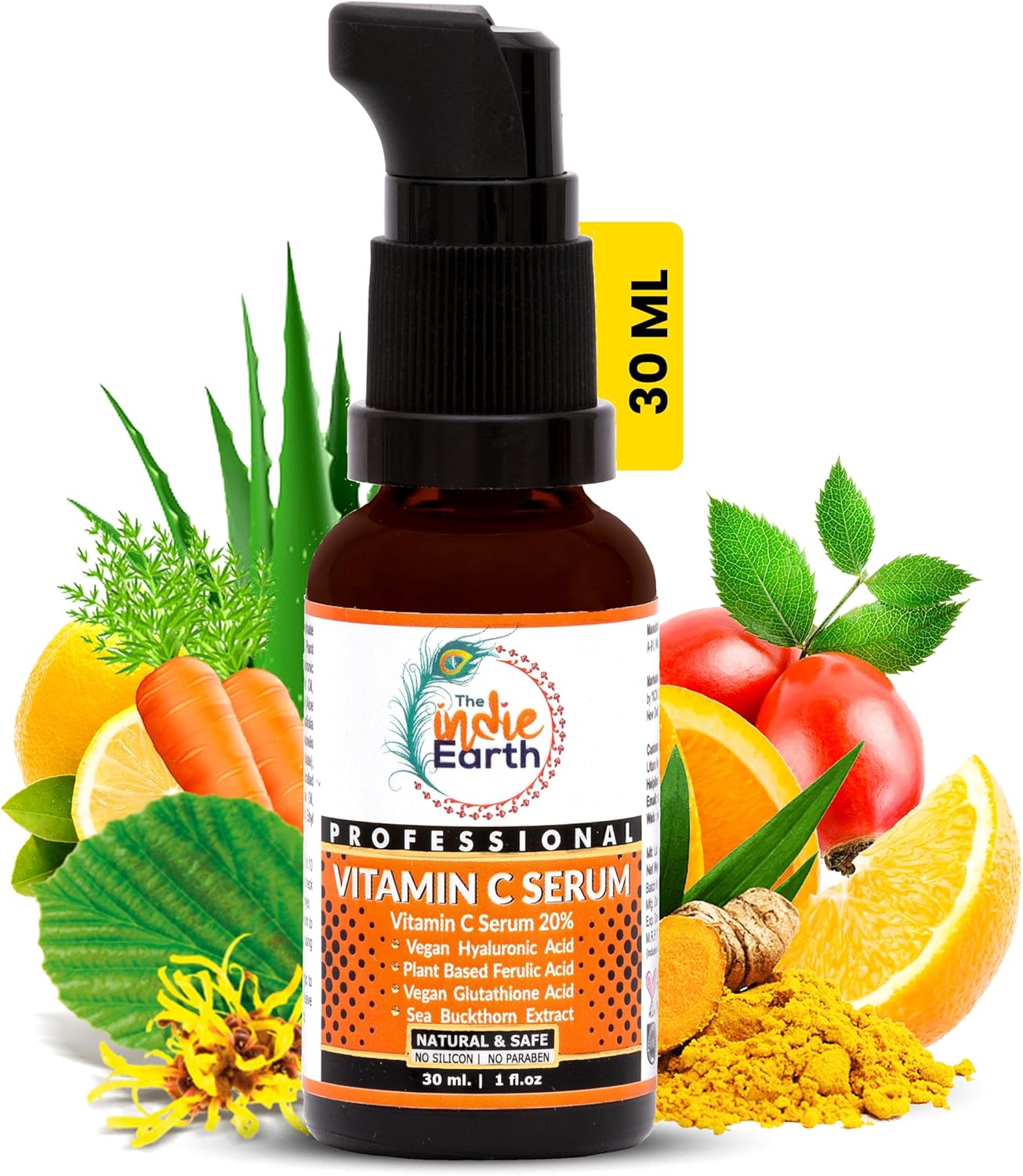 The Indie Earth Vitamin C Serum with Turmeric, Vitamin E, Vegan Hyaluronic Acid, Ferulic Acid and Vegan Glutathione Acid Serum (30 ml) Best Vitamin C Serum Best Fairness Serum