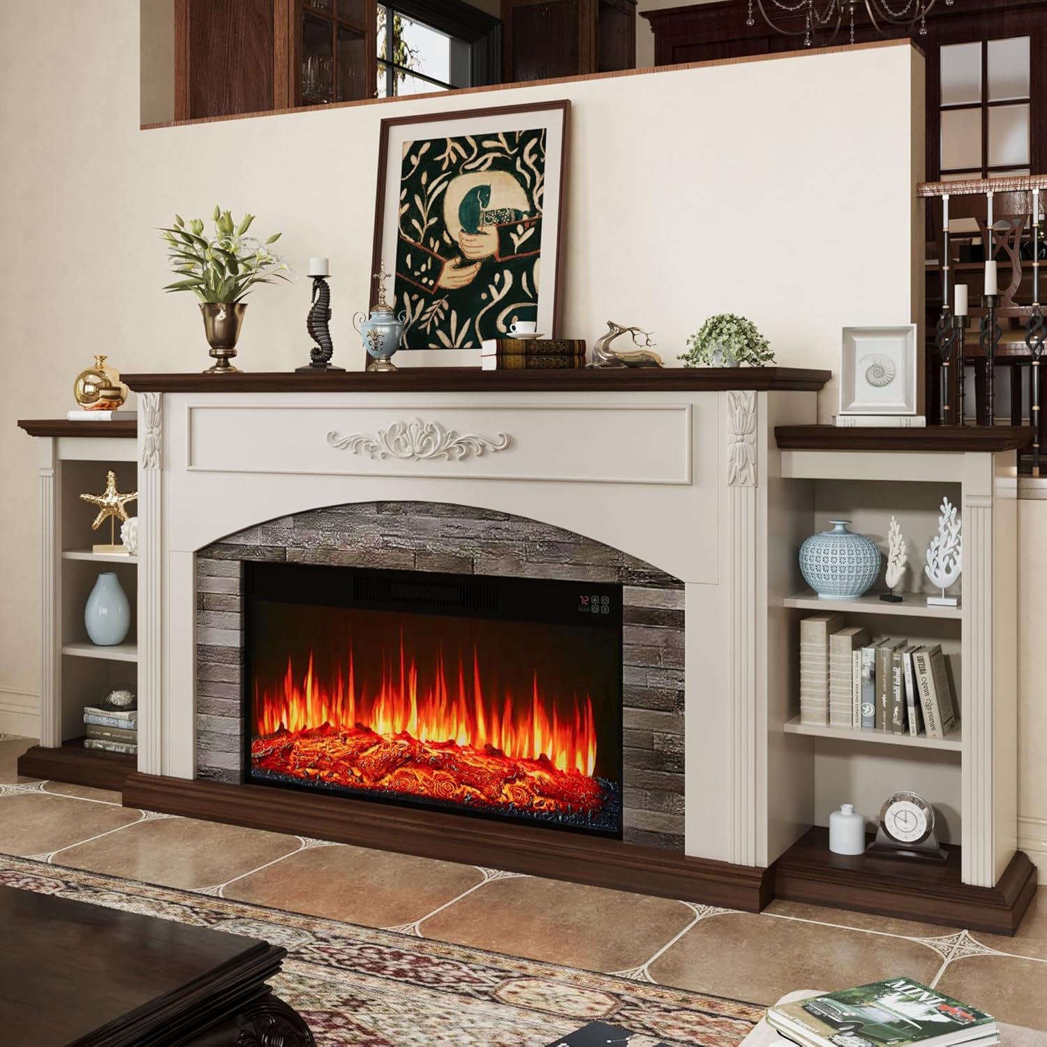 80" Electric Fireplace with Mantel, Fireplace TV Stand for TVs Up to 90 Inch, Realistic Stacked Stone Surround with Remote Control Timer LED Flame for Living Room(Antique White)