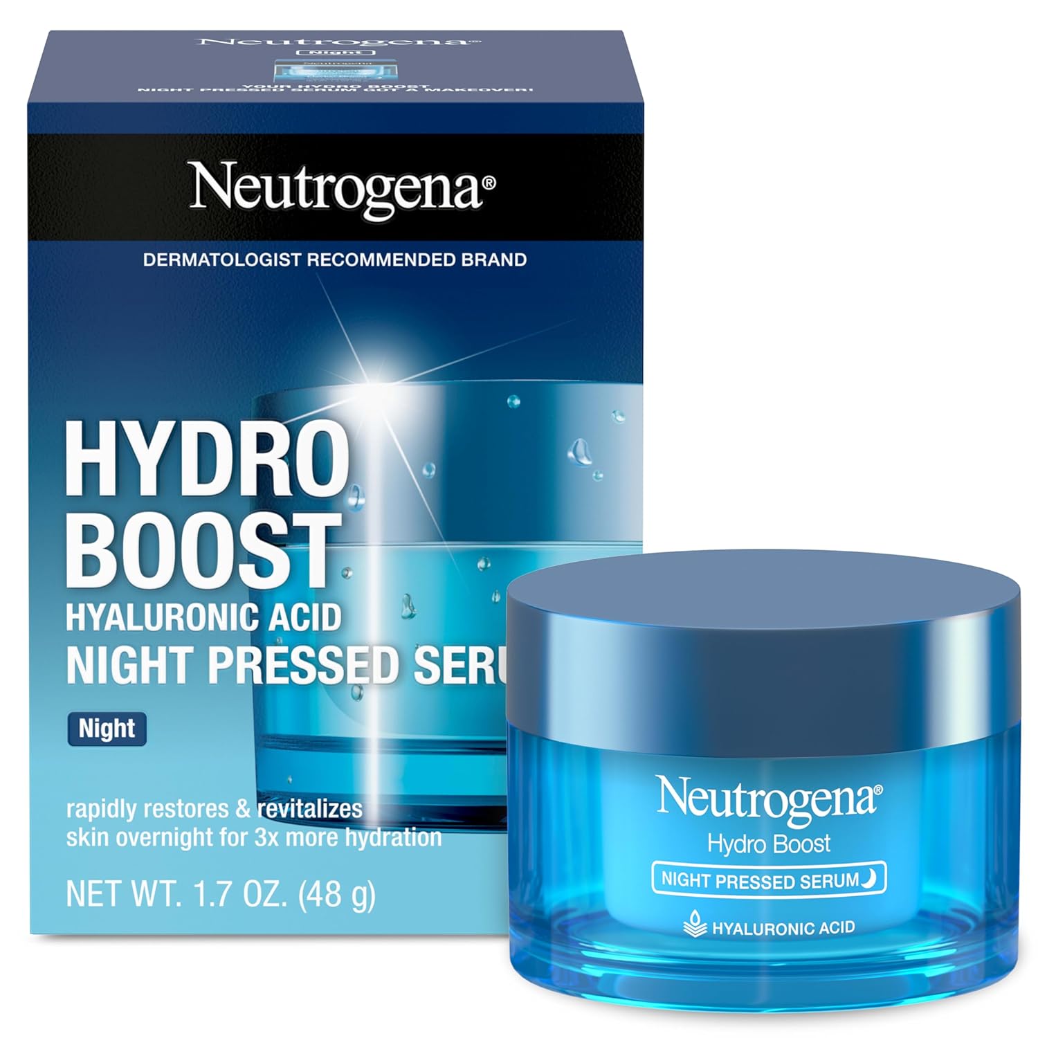 Neutrogena Hydro Boost Night Pressed Serum with Hyaluronic Acid For Face with Pro Vitamin B5, Rich Hydrating Face Serum for Dry Skin, Oil-Free, Non-Comedogenic, 1.7 OZ