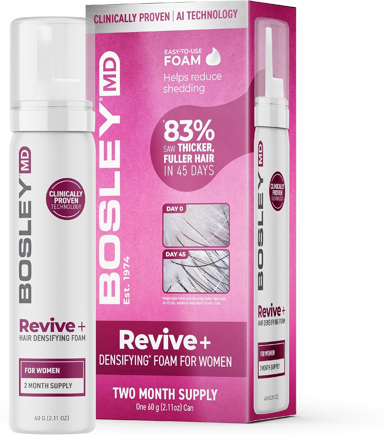 BosleyMD Women's Revive + Densifying Treatment Foam – Drug-Free Hair Thinning Treatment with YuvaBio® Y100™, Biotin & Pumpkin Seed Oil – 60-Day Supply, 2.11 oz