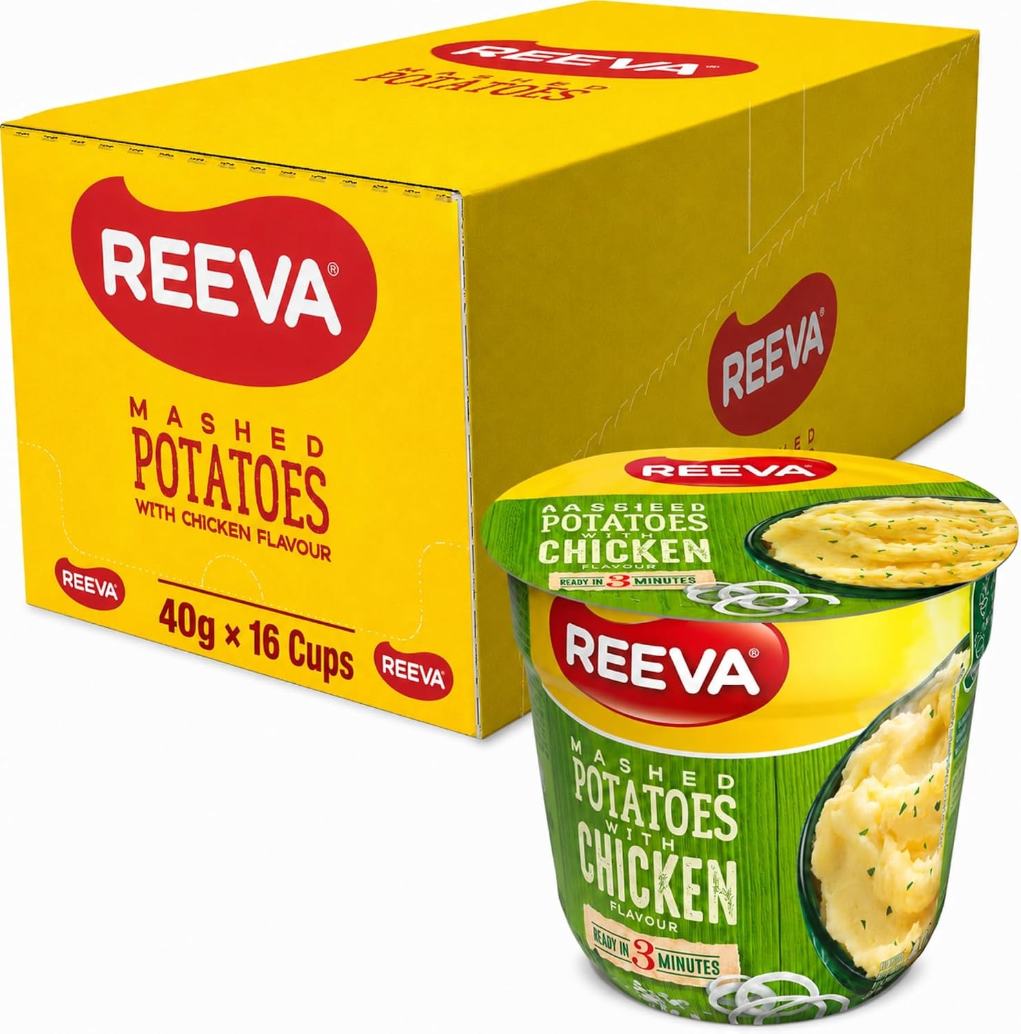 REEVA Instant Mashed Potatoes with Chicken Flavour, 40g x 16 Cups, Ready in 3 Minutes, Just Add Boiling Water, Instant Potato Cups, Quick & Convenient Potato Side Dish, Bulk Pack
