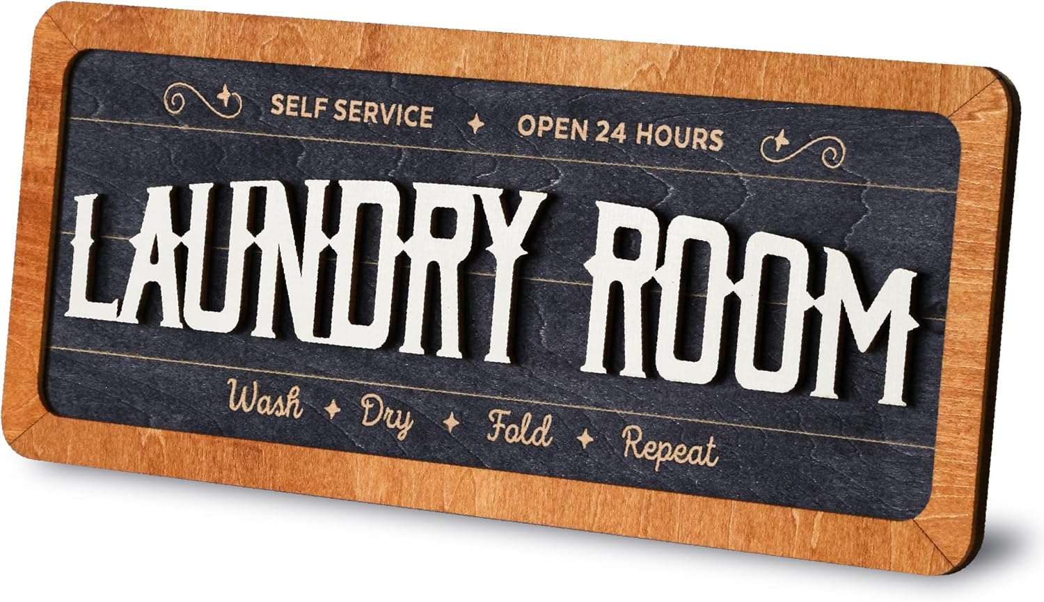 Laundry Sign for Laundry Room Decor - Laundry Room Signs Wall Decor, Rustic Laundry Decor for Laundry Room Accessories, Wash Dry Fold Repeat Laundry Rules Plaque, Brown
