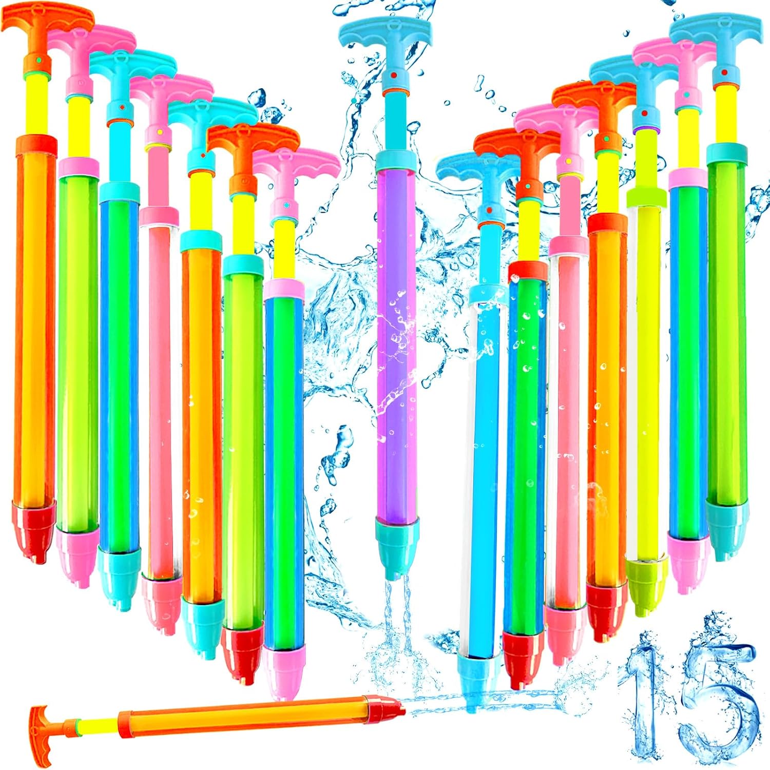 15pcs Water Shooter Blaster Squirt Guns Toys,Shoot Up to 35 Feet,16.5inch Water Spray Gun for Kids,Adults Summer Water Fighting,Swimming Pool,Beach Games,Colorful,Two Spray Holes