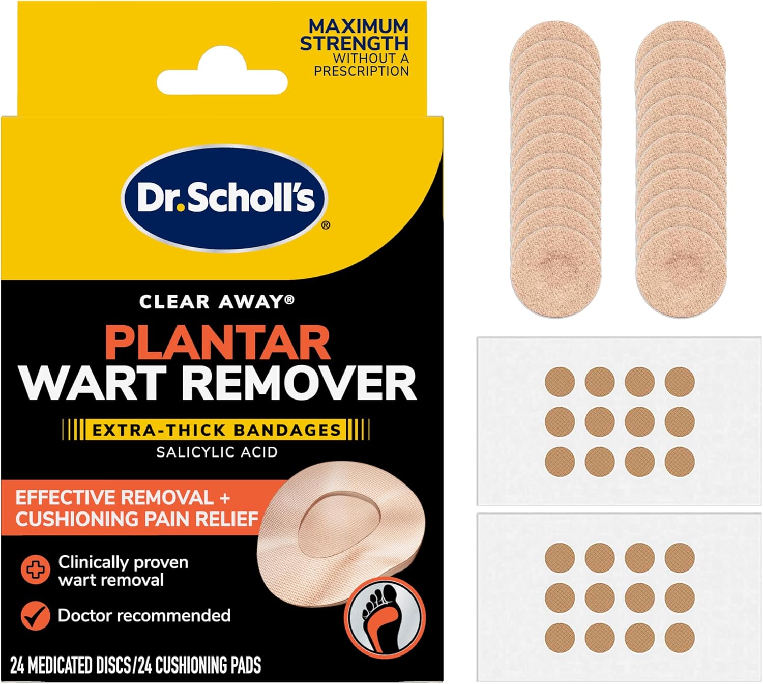 Dr. Scholl's Clear Away Plantar Wart Remover Extra-Thick Bandages for Feet, 24 Treatments - Clinically Proven Effective Wart Removal and Cushioning Pain Relief, Comfortable Multi-Day Coverage Patches