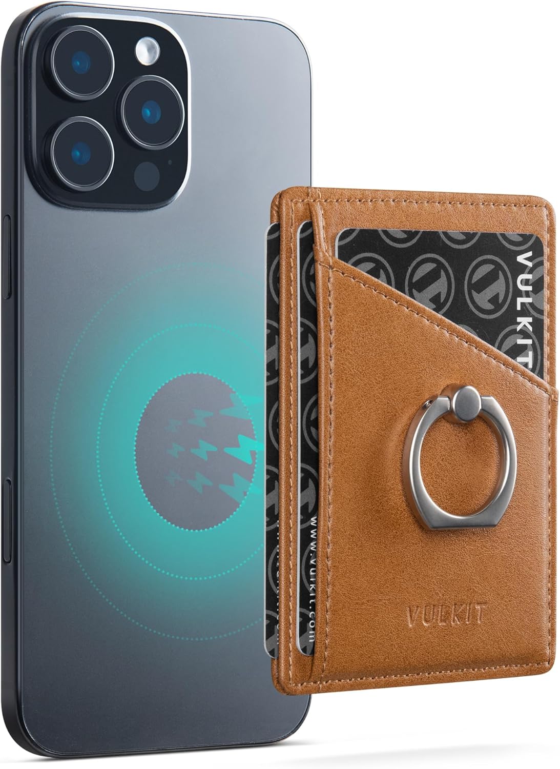 VULKIT iPhone Magnetic Card Holder with Ring Grip, 3 Card Slots, Compatible with iPhone 12-16 Generation, Brown