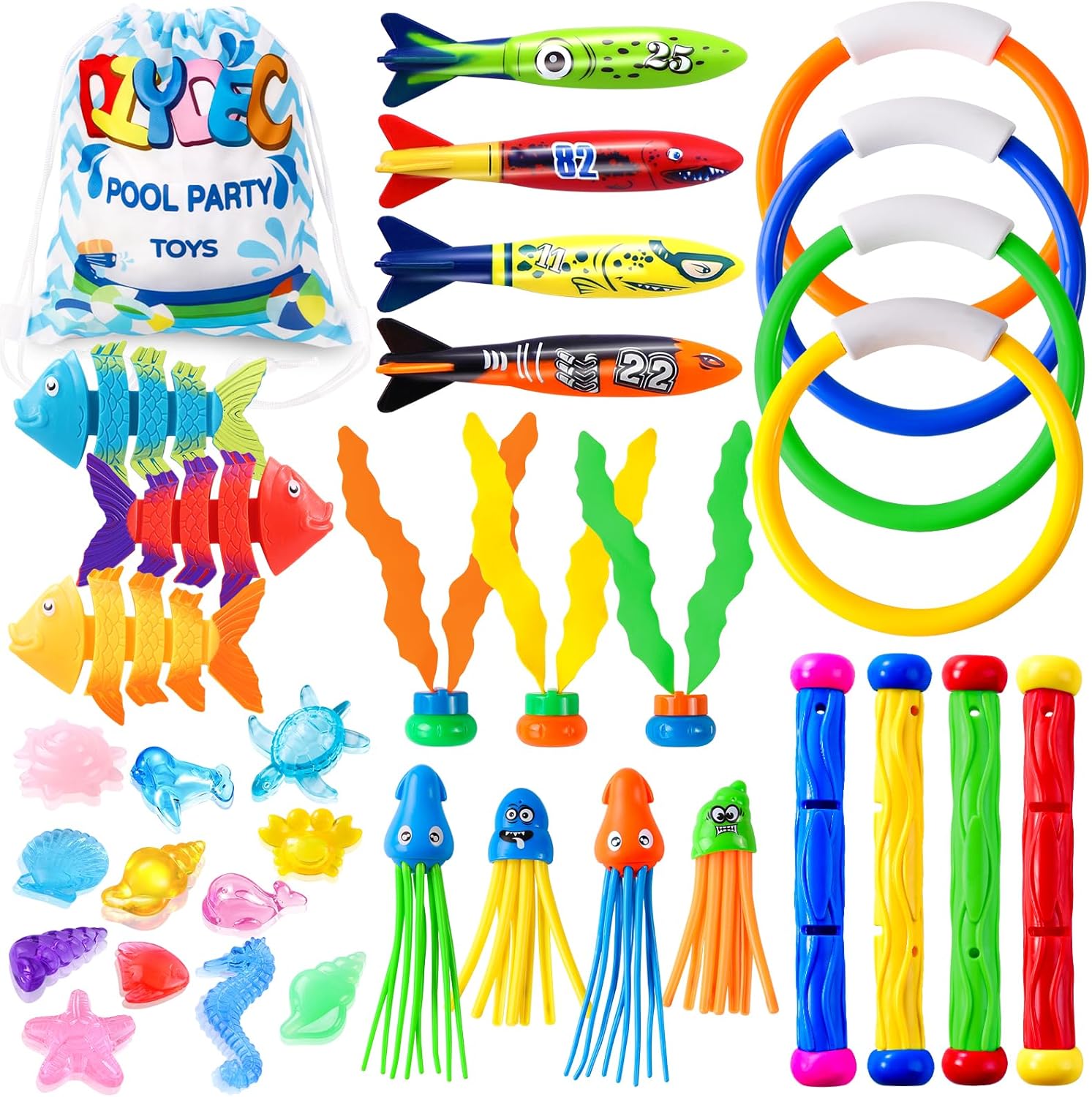 DIYDEC 35pcs Diving Pool Toys, Fun Swimming Pool Toys Set with Diving Rings, Diving Torpedo, Diving Seagrass, Marine gem Underwater Training Diving Game Toys for Kids Summer Swimming Pool Party