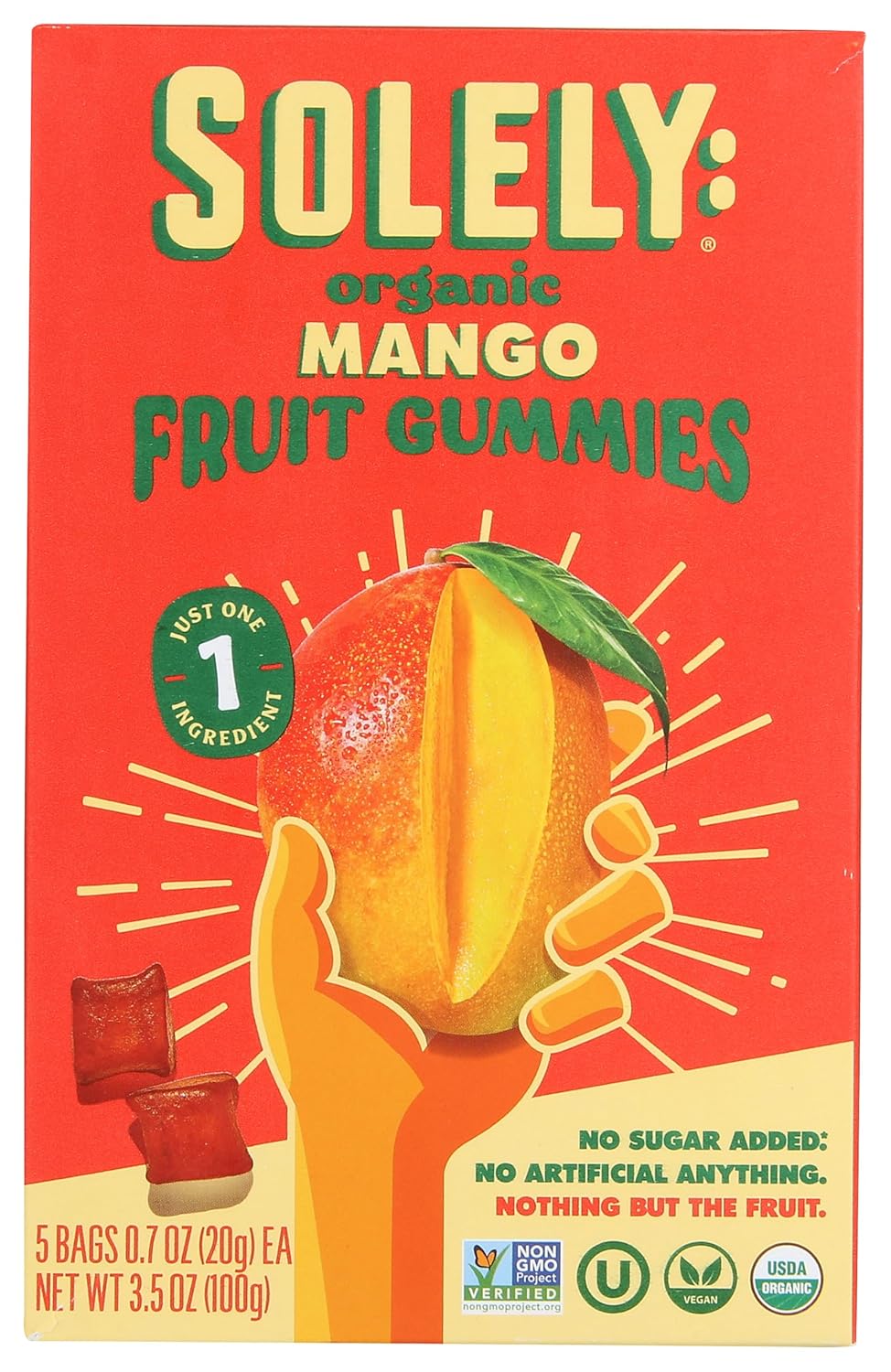 SOLELY Organic Mango Whole Fruit Gummies | Two Ingredients | No Added Sugars, Artificial Colors or Flavors | Vegan Fruit Snacks, 0.7 Ounce (Pack of 5)