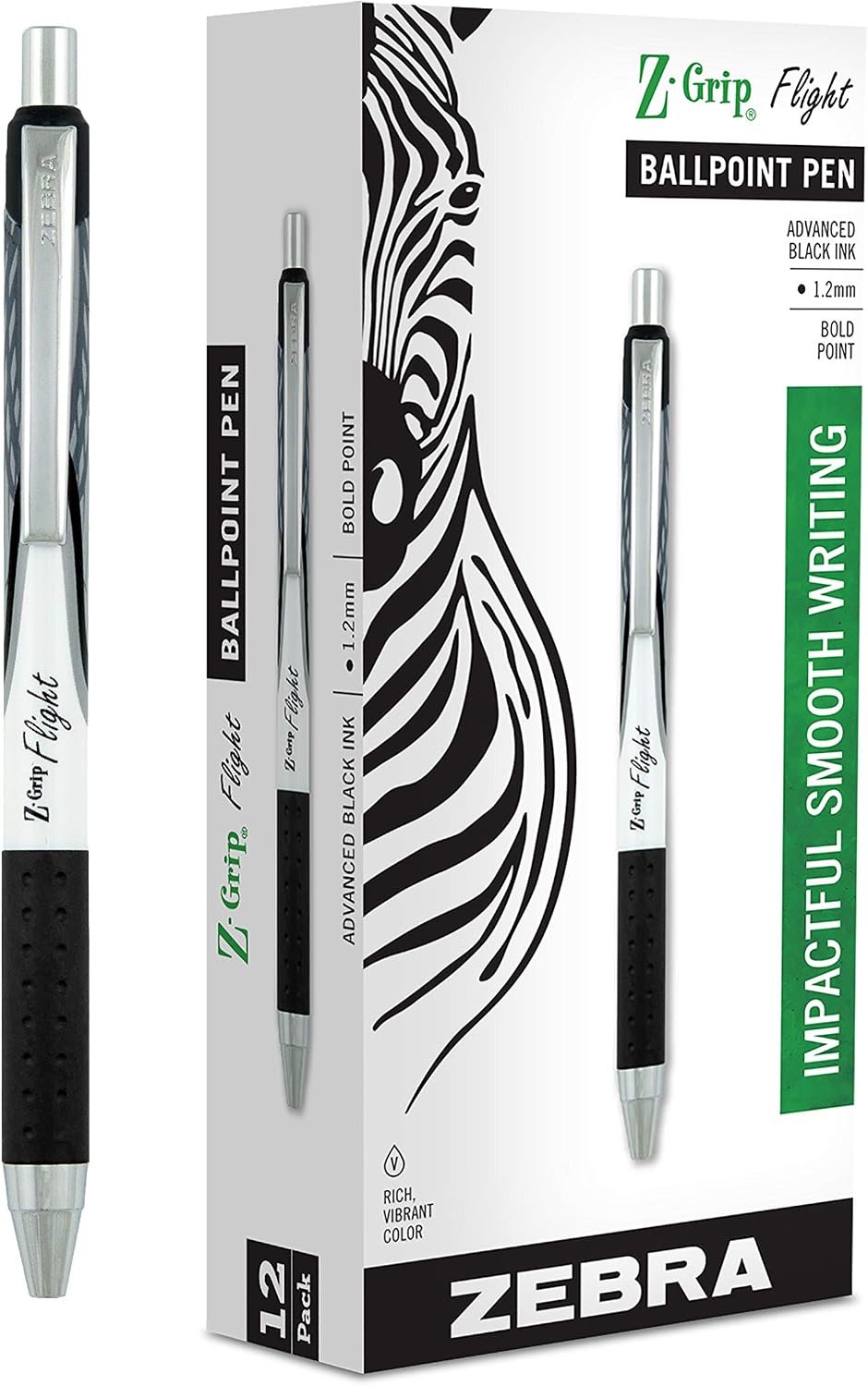Zebra Pen Z-Grip Flight Retractable Ballpoint Pen, Black Ink, 1.2mm, 12-Pk
