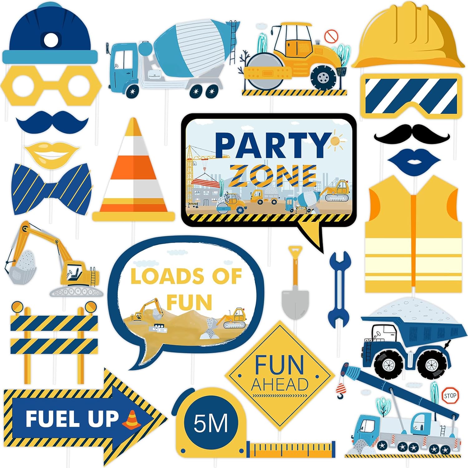 Cheereveal 24 Blue Construction Car Theme Photo Booth Props, Excavator Tractor Selfie Props for Boys Birthday Baby Shower Engineering Transportation Party Decorations Supplies