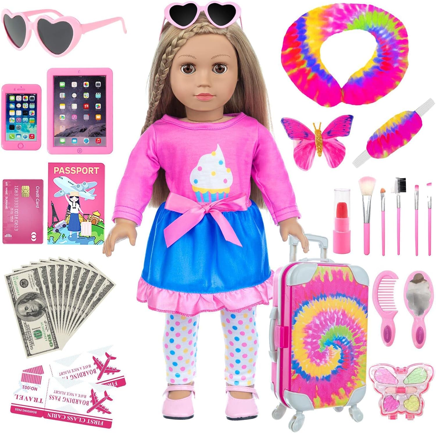 American 18 Inch Doll Accessories - 18" Doll Clothes with Travel Suitcase and Pretend Makeup Kit for Kids Includes Luggage, Sunglasses, Phone, Hair Clip and Makeup Set