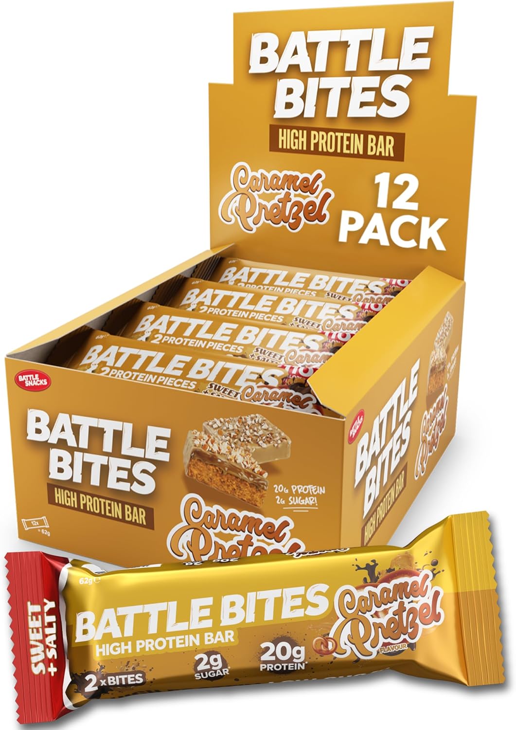 Battle Bites High Protein and Low Carb/Sugar Bars 12 x 62 g - Caramel Pretzel