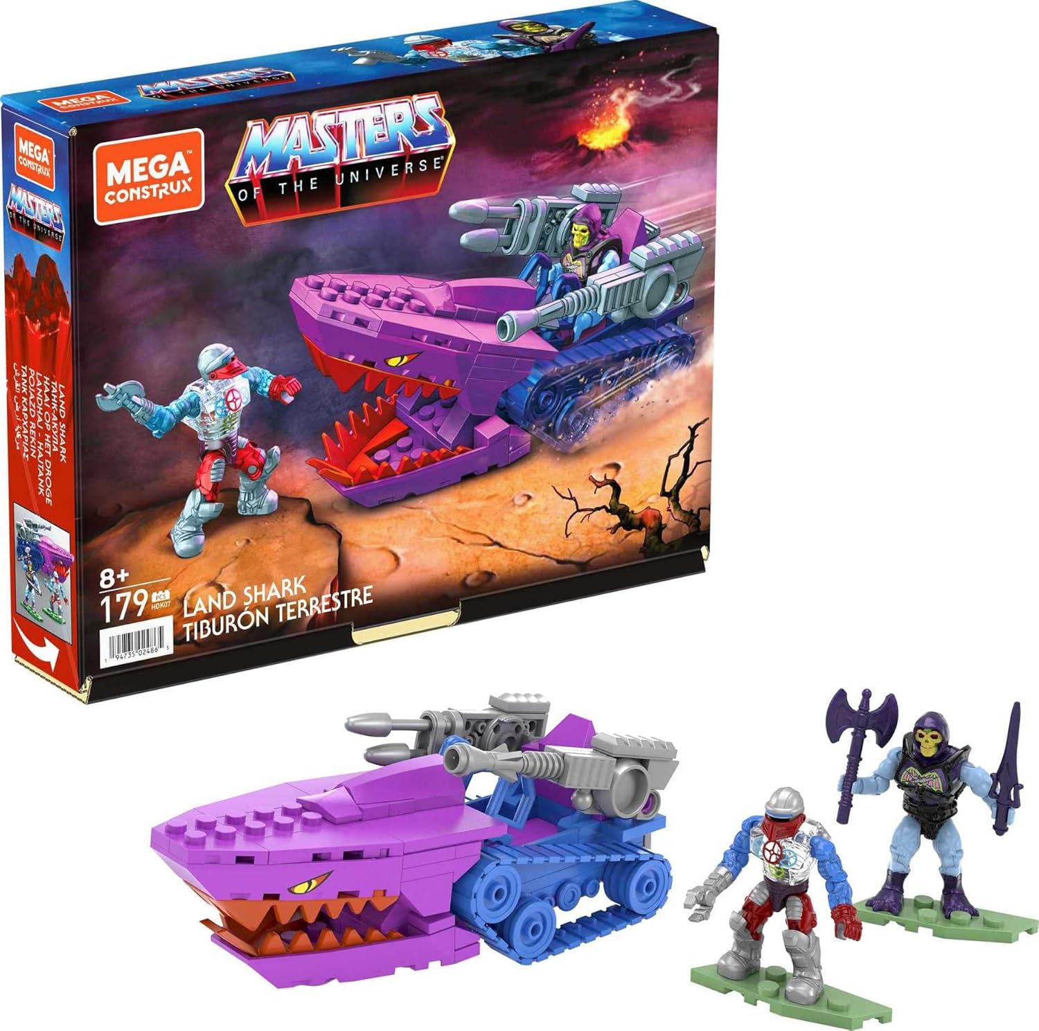 MEGA Construx Masters of the Universe Building Toys Set, Land Shark Attach Vehicle with 179 Pieces, 2 Poseable Micro Action Figures, for Kids