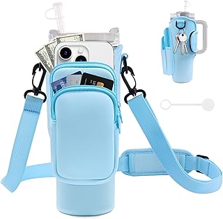Water Bottle Carrier Bag with Phone Pocket for Stanley Cup 40/30 oz, Water Bottle Holder with Adjustable Strap& Straw Cover, Stanley Cup Accessories