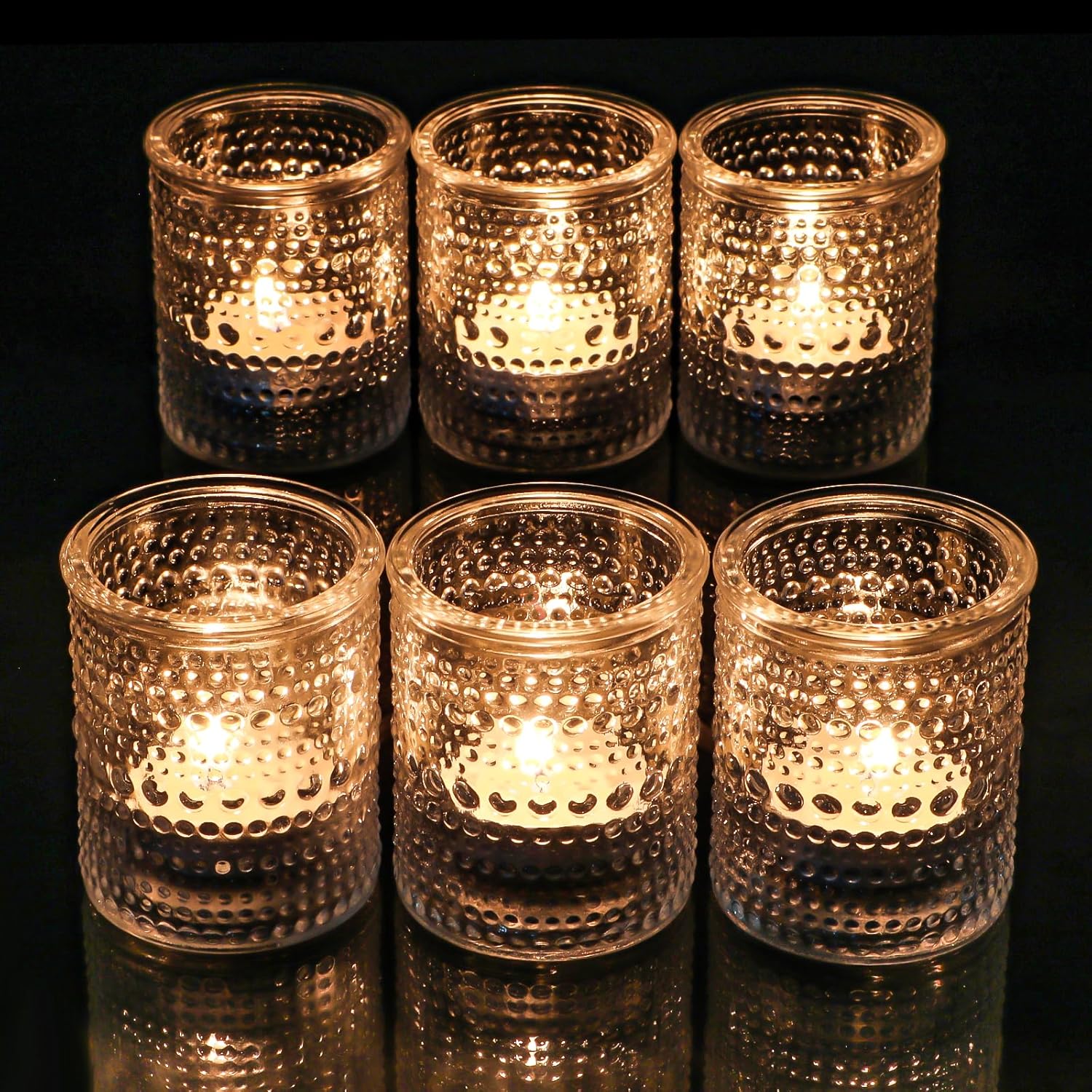 HOXHA 6 Pack Glass Votive Candle Holders Clear Tealight Candle Holders in Bulk Vintage Table Centerpieces for Floating Candles Home Table Decor Wedding Receptions (6)