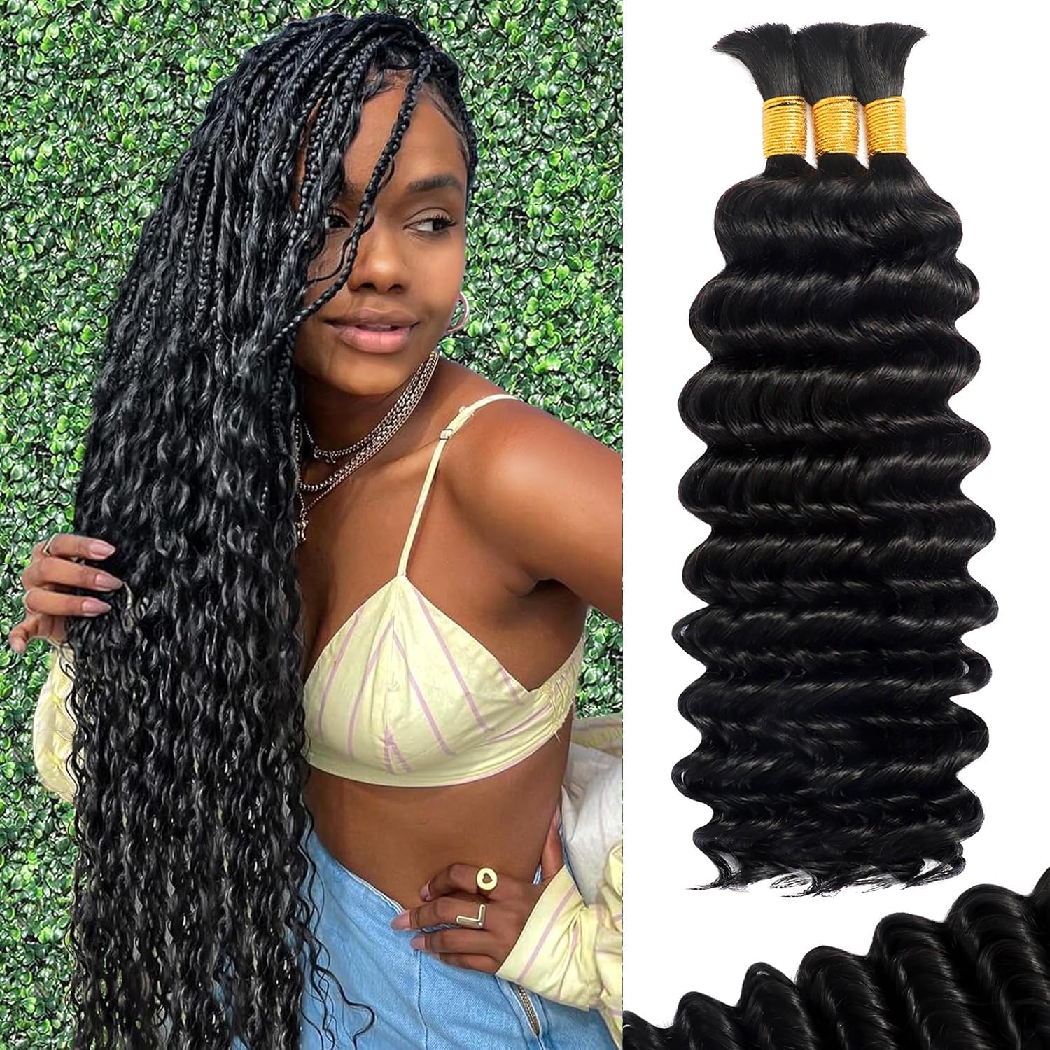 Human Braiding Hair for Boho Braids Human 110g 20 Inch Curly Boho Hair for Braiding Knotless 12A Deep Wave Bulk Bohemian 3 Bundles/Pack Natural Color (1B)