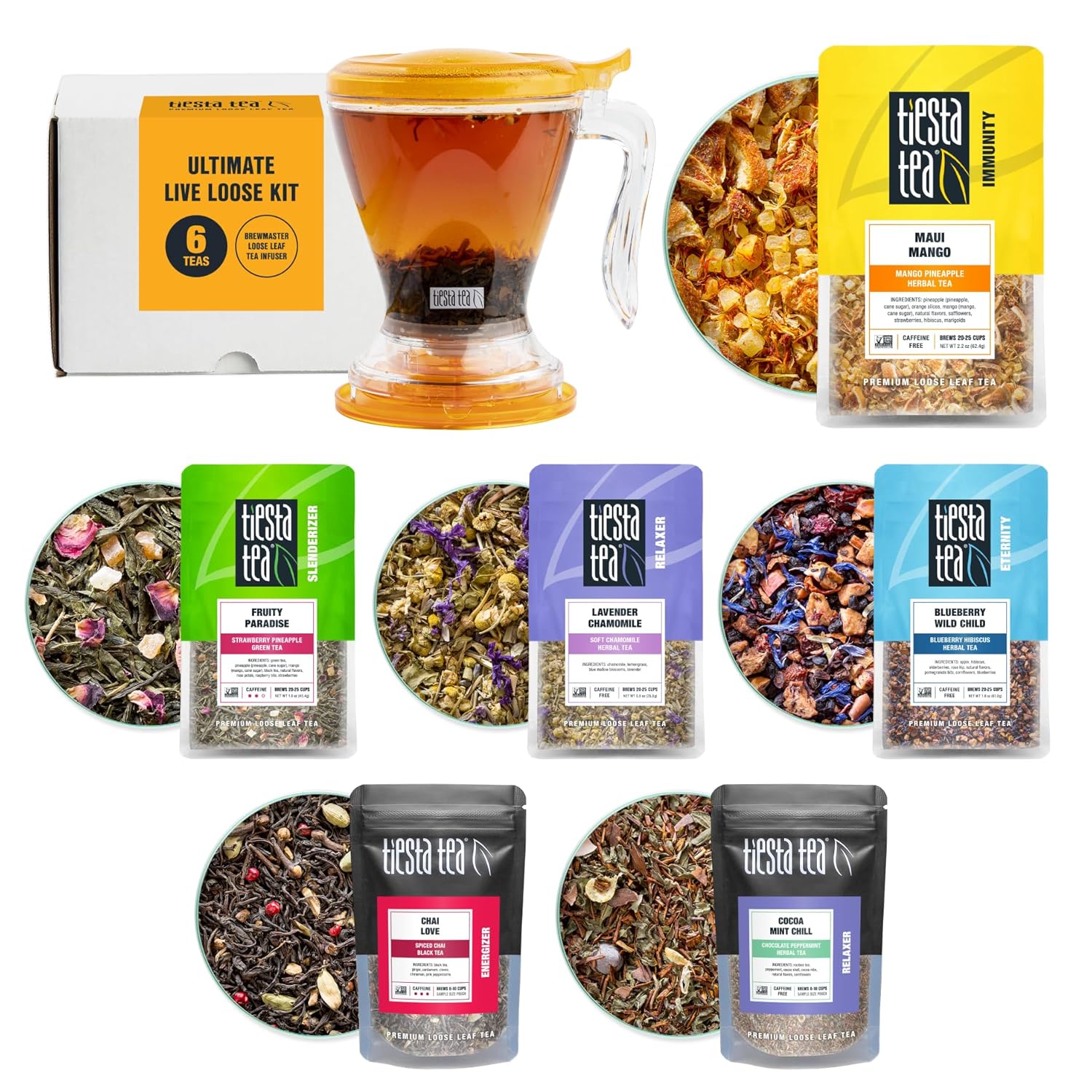 Tiesta Tea - Ultimate Live Kit, Loose Leaf, Tea Starter Kit with High to Non-Caffeinated Blends, Hot & Iced Brews, Includes Black, Green, Herbal Sample Bags and 16oz Bottom Dispensing Infuser