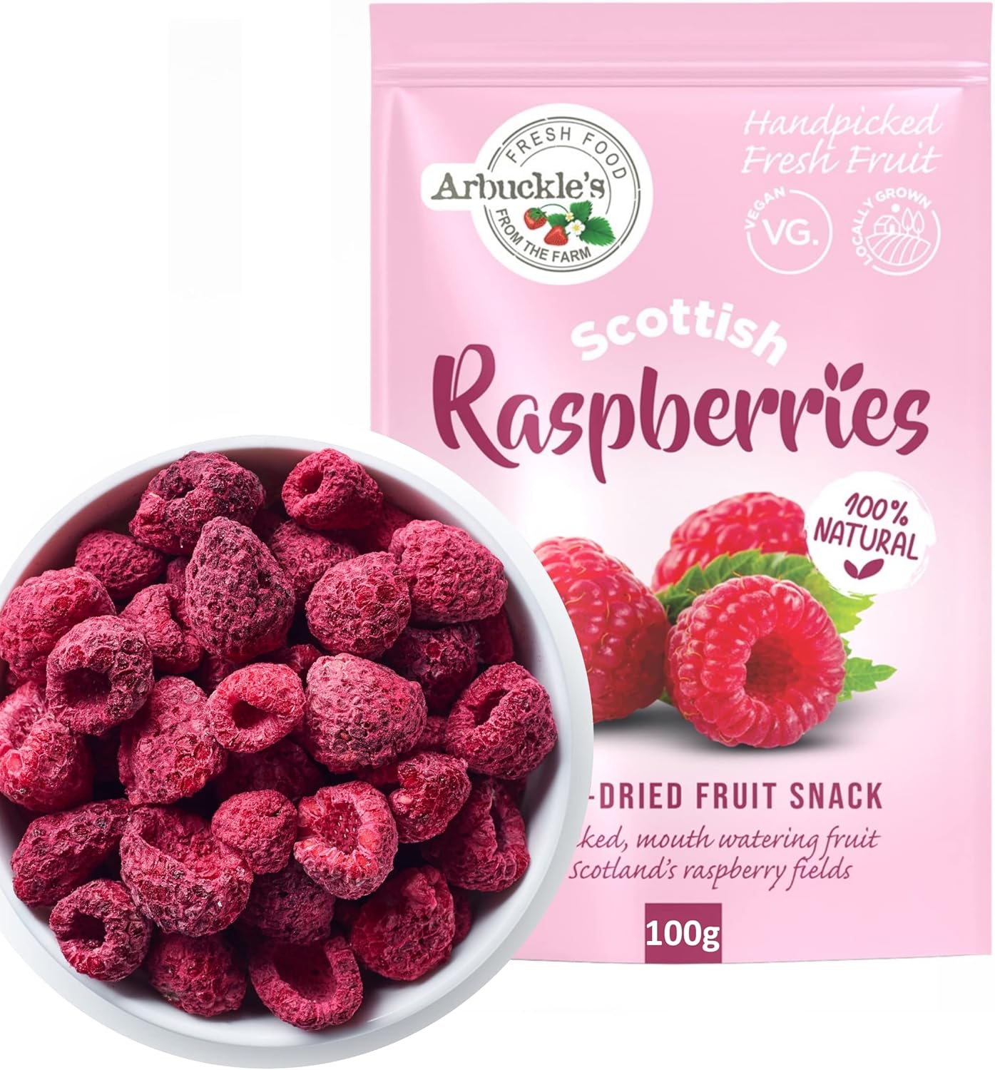 100g Arbuckle's Freeze Dried Raspberry Direct from UK Farm Shop, Whole Fruit Snack Nutritious and Healthy Raspberries Natural, for Baking, Breakfast Cereal Topper, Yogurt, Cake Decorations