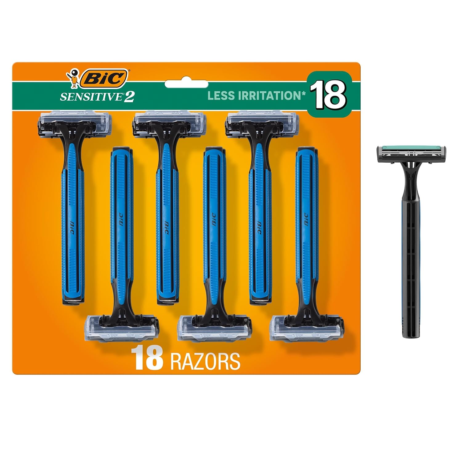 BIC Sensitive 2 Mens Disposable 2-Blade Razors, 18-Pack for Daily Grooming