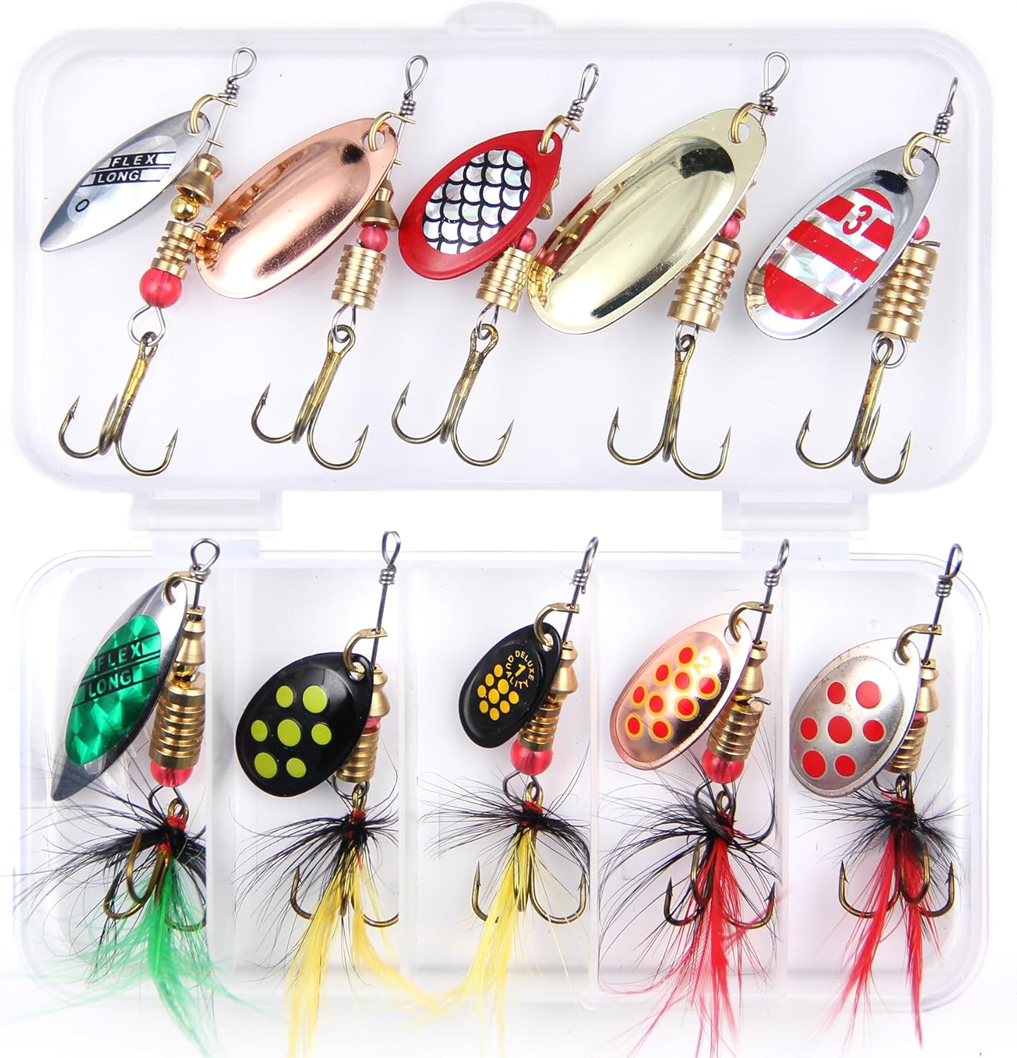 𝗘𝗫𝗔𝗨𝗥𝗔𝗙𝗘𝗟𝗜𝗦 10/30pcs Fishing Lure Spinnerbait with Feathered Treble Hooks Rooster Tail Fishing Lures Spoon Lures for Bass Salmon Trout Spinner Baits with Tackle Box
