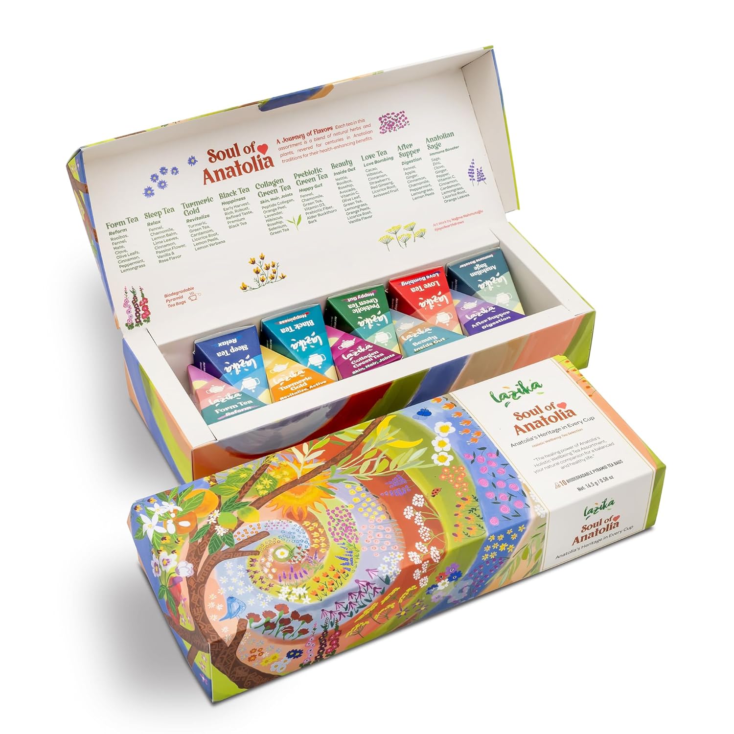 Lazika Tea Variety Pack with Lovely Presentation Box, Black, Green and Herbal Tea Sampler Gift Set, 10 Counts, Premium Collection with Pyramid Infuser Bag, Handcrafted